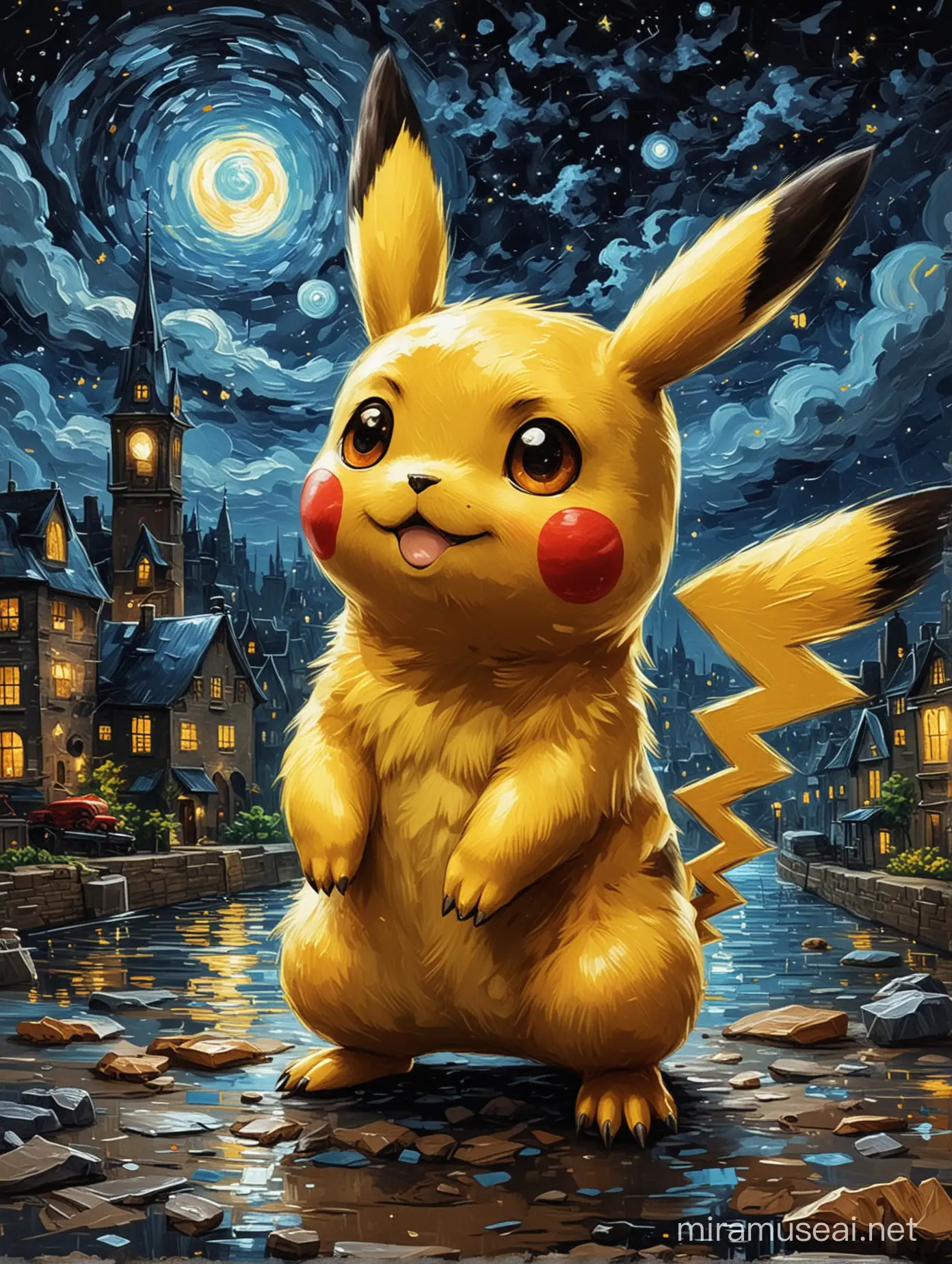 Pokemon painted pikachu in night scène van gogh style 