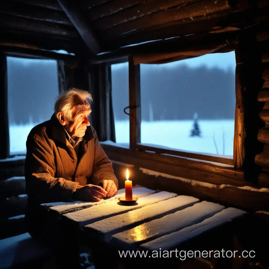 Pensive-Old-Man-in-Candlelit-Hut-Amidst-Snowstorm