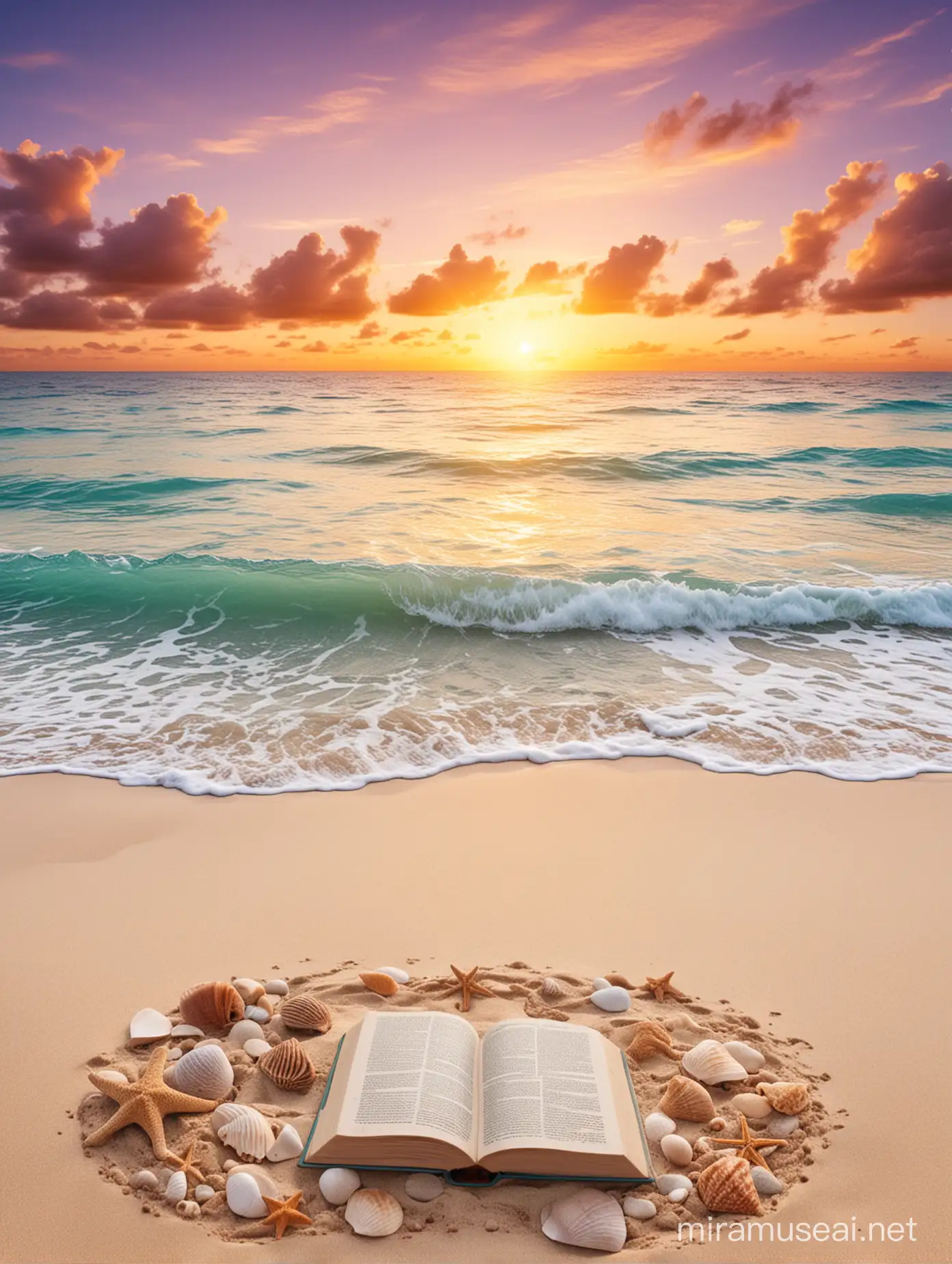 fondó fotográfico, playa caribe paradisiaca con libros en la arena y caracola ,atardecer