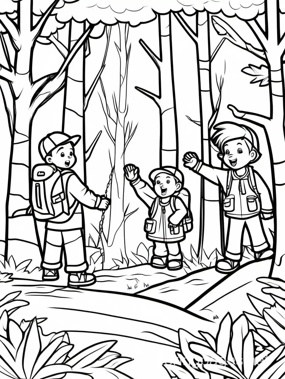 kids make emergency signal in woods
 for help, Coloring Page, black and white, line art, white background, Simplicity, Ample White Space. The background of the coloring page is plain white to make it easy for young children to color within the lines. The outlines of all the subjects are easy to distinguish, making it simple for kids to color without too much difficulty