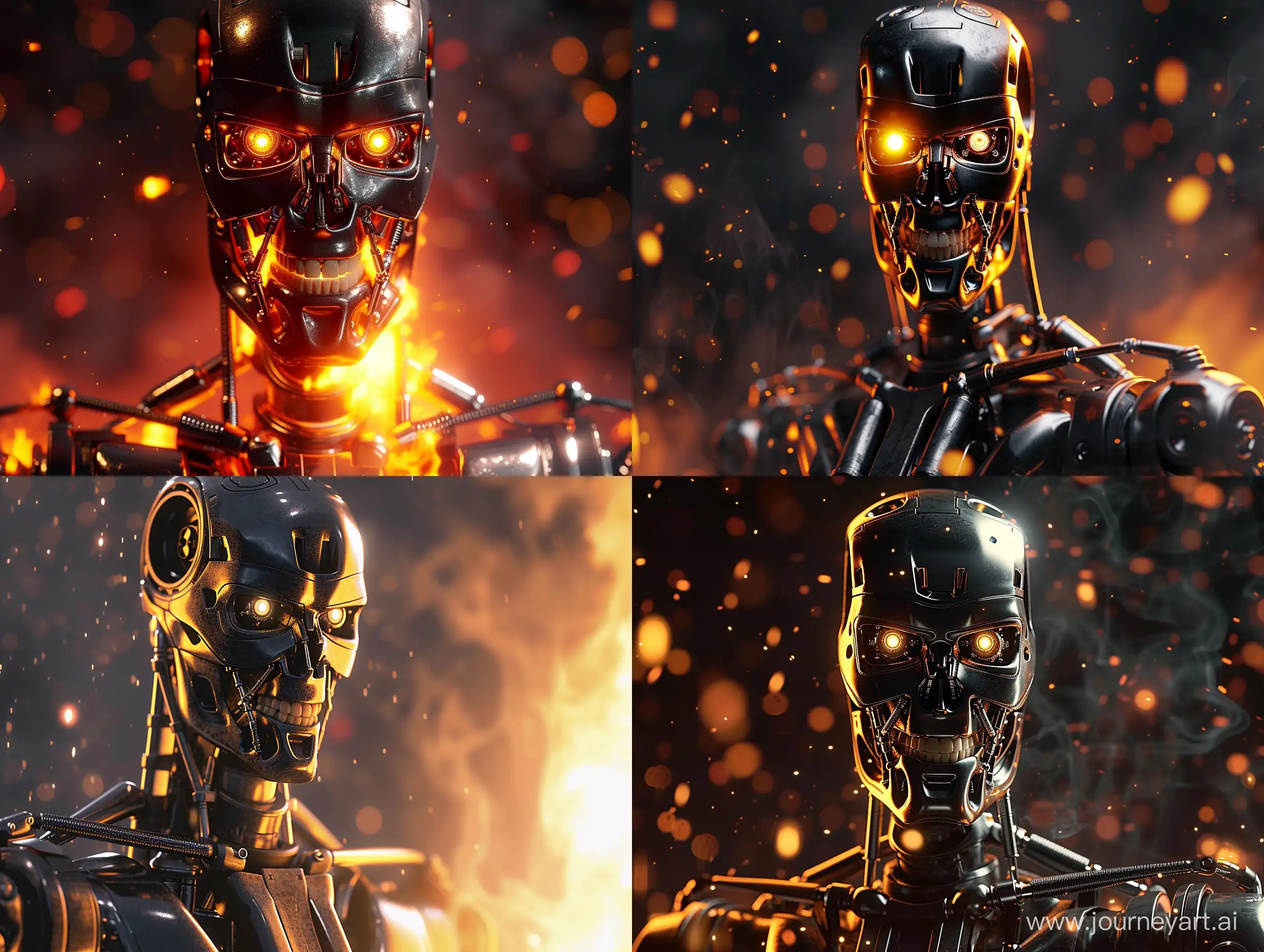 Робот терминатор из одноименного фильма , огонь, фотореализм, крупный план, блеск, отражения, дым, свет, темная тема
