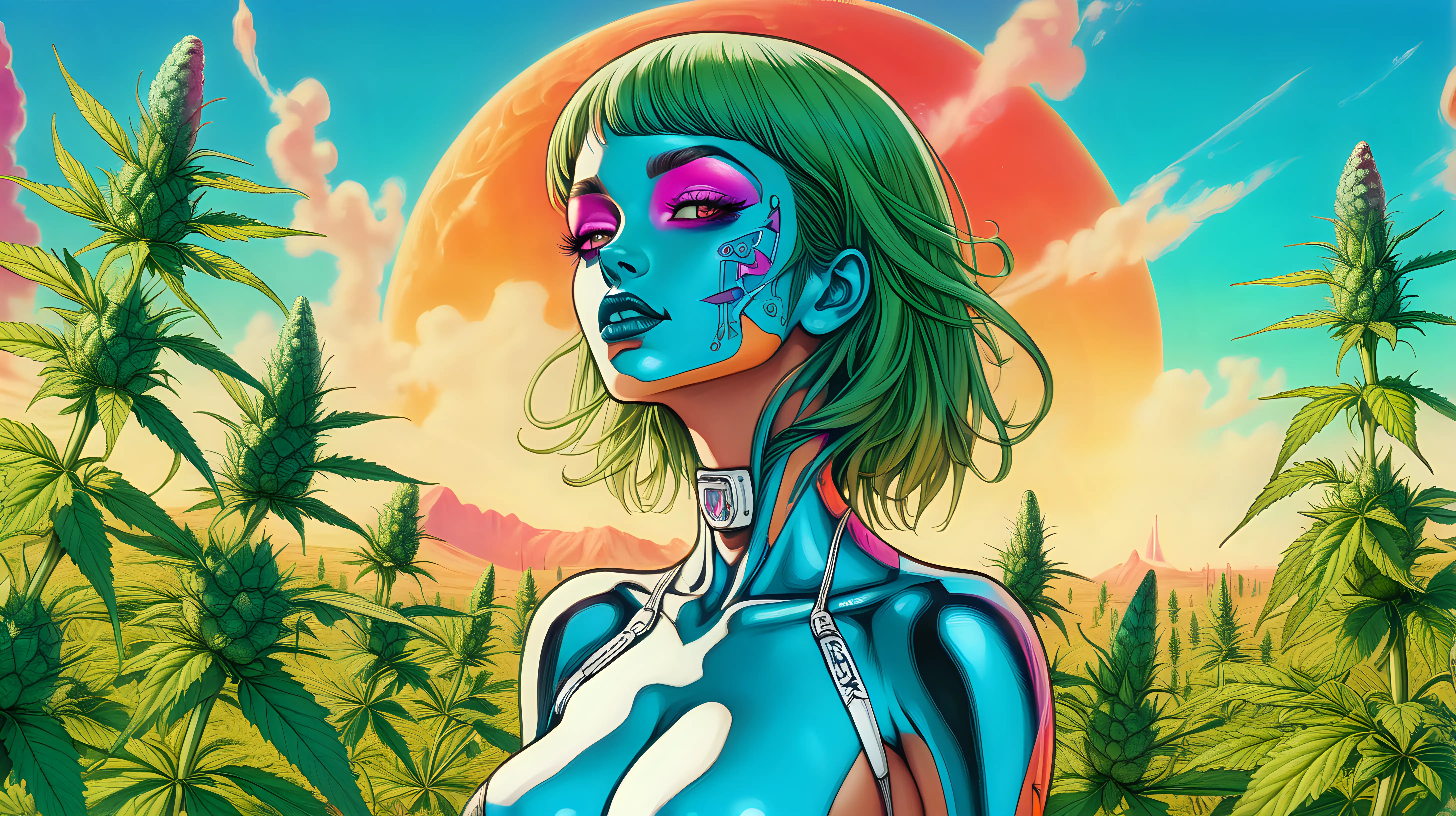 sexy exotic woman from another planet who just landed on earth in a field of cannabis, bright colors in the background sky
