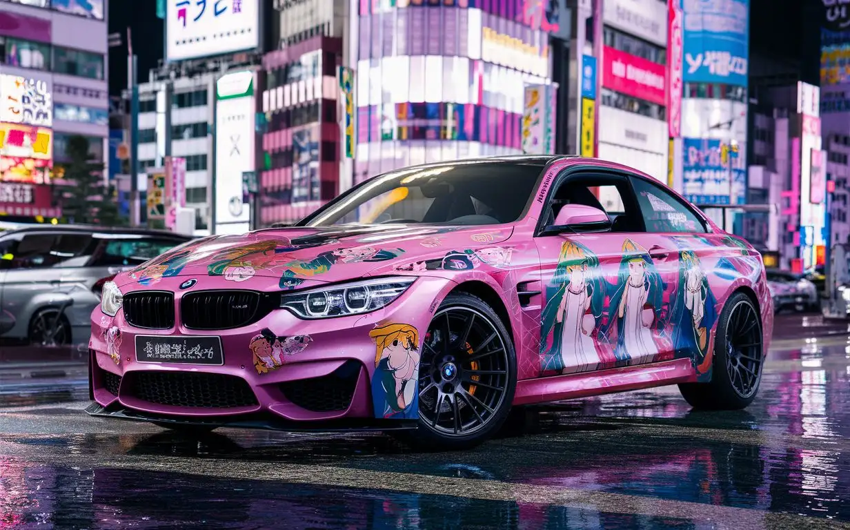 Růžové BMW M4 s pořádným potiskem anime girls a to celé na pozadí svítícího centra Japonska
