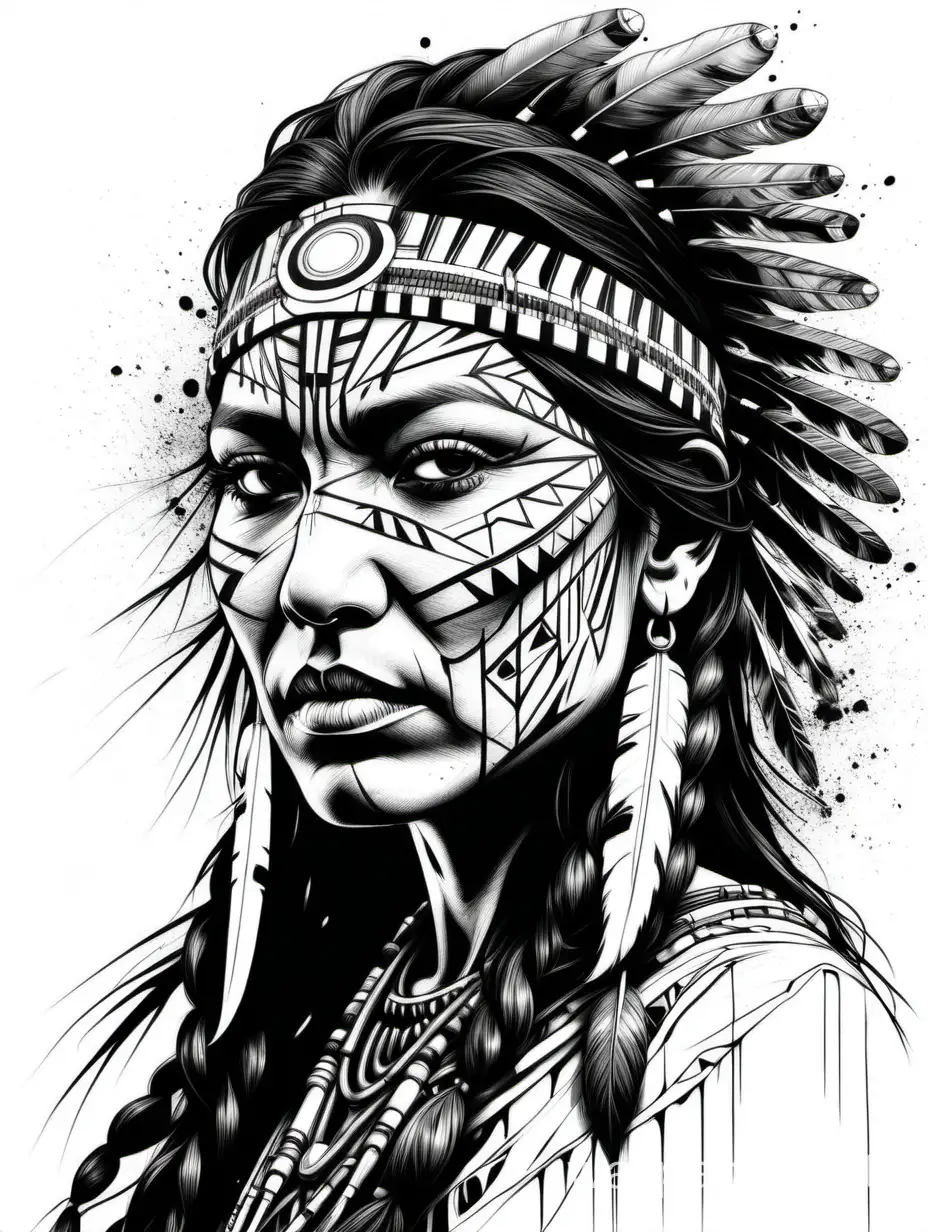 front face of native american woman, hiperdetailed profile, explosive drawing lineart, explosive black ink, Eliran katton style,  caotic neon lines, monochromatic, white background