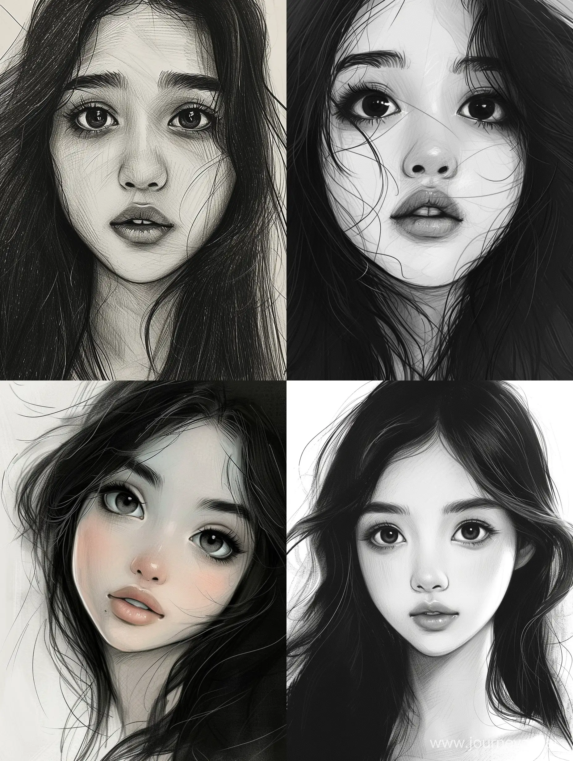 an asian girl, sketched drawing, matisse style, the girl  Bangladeshi has beautiful eyes and her hair is long length, her hair is black and cool style, her nose is wide, wide lips, in 4k quality, girl is cute vibes with sexy eyes and beautiful