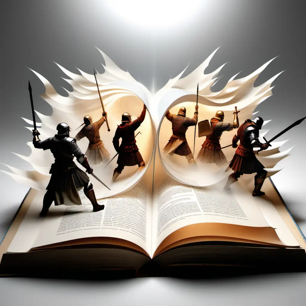 pages of a book coming alive with a great battle 
