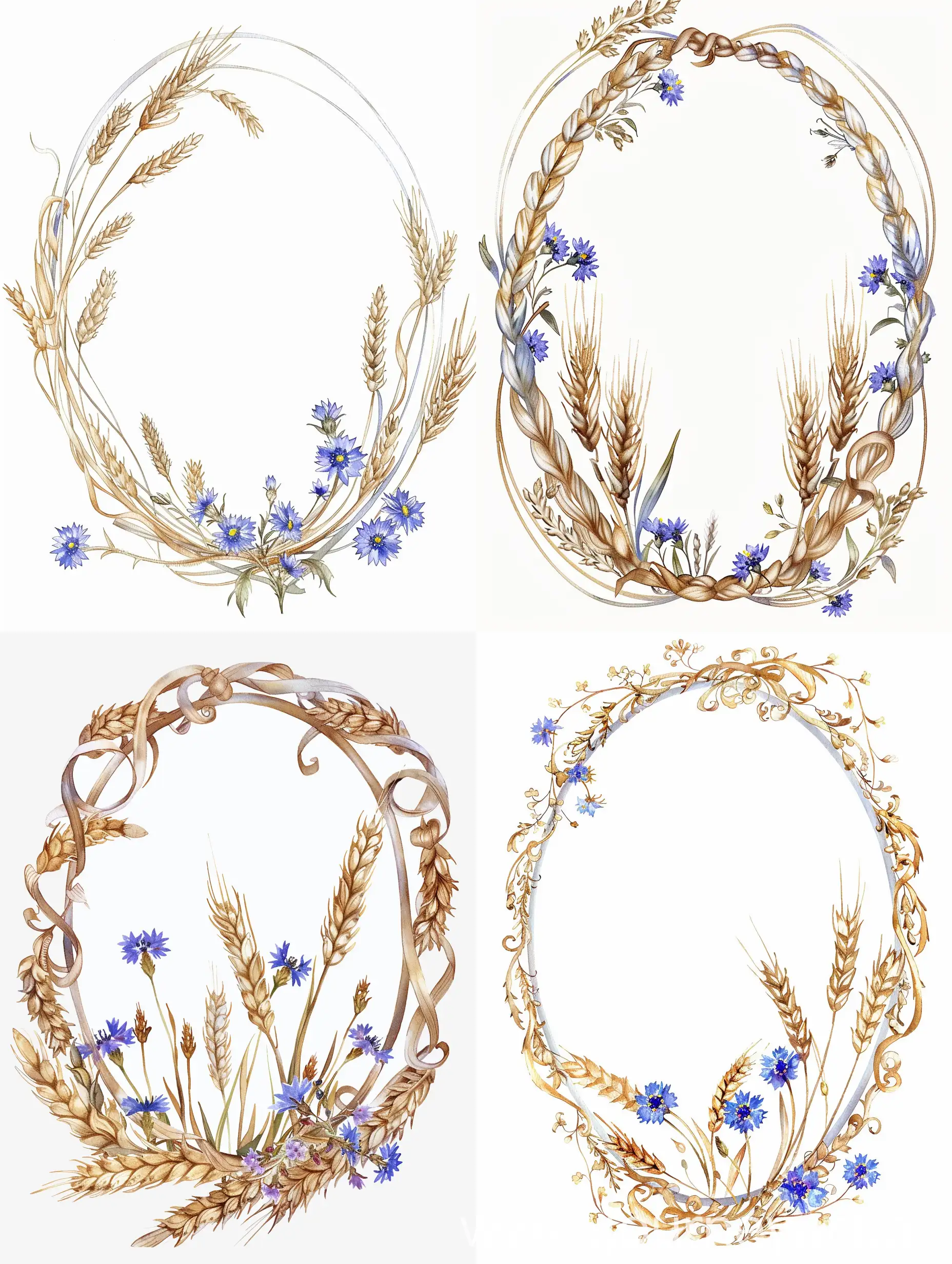  Oval frame with dense, delicate curly ornament of small wheat leaves and spikelets, small cornflower flowers, on a white background, flat illustration, small details, watercolor, Victorian style
