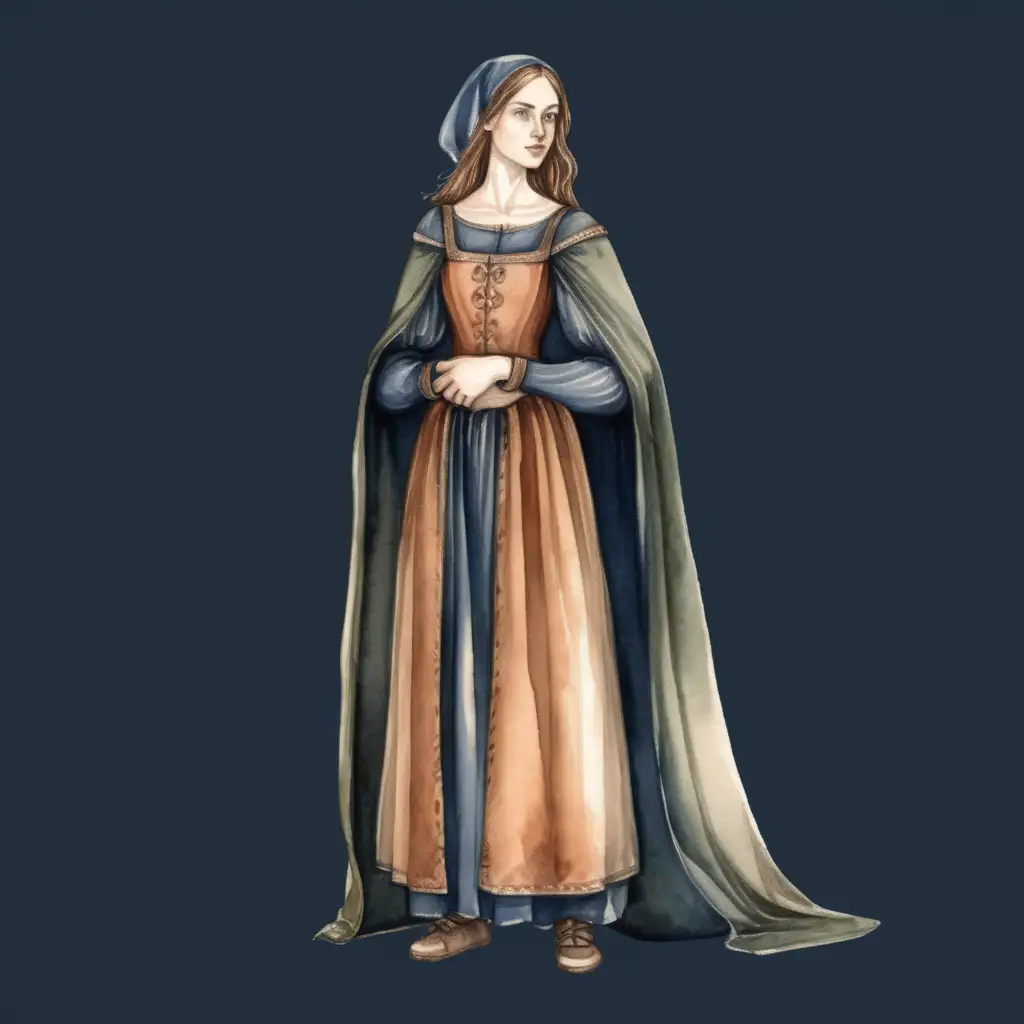 Medieval Female Commoner Standing Dark Watercolor Portrait