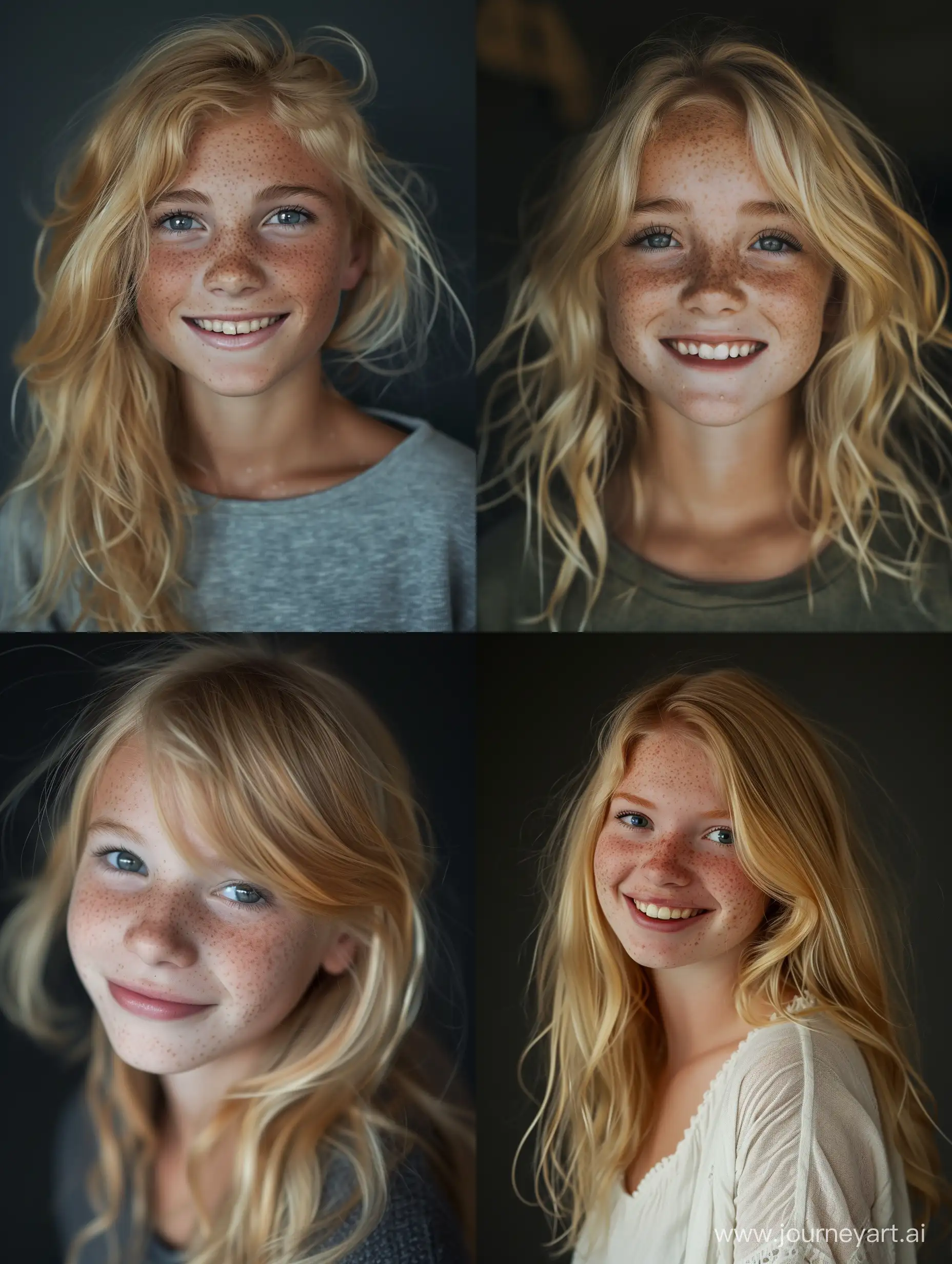 Blonde girl with freckles, smiling. Dramatic lighting.