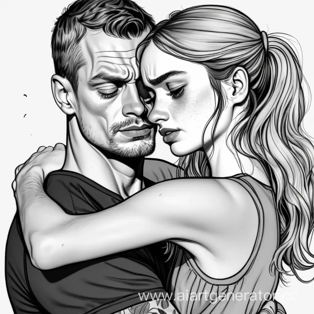 a sad man looking like joel kinnaman is hugged by a girl looking like lily  james cartoon style