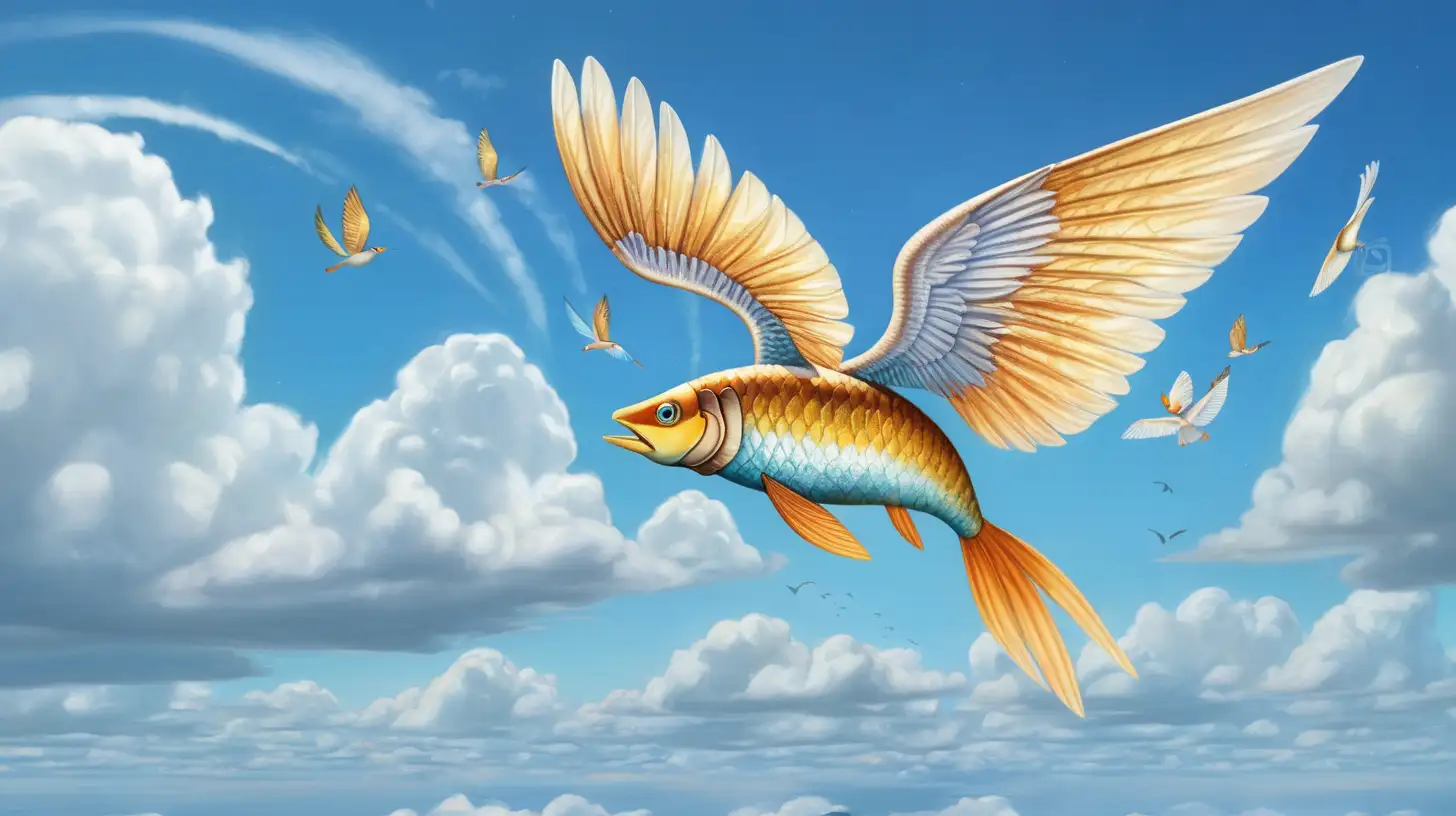 a hybrid fish and bird flying in sky with clouds