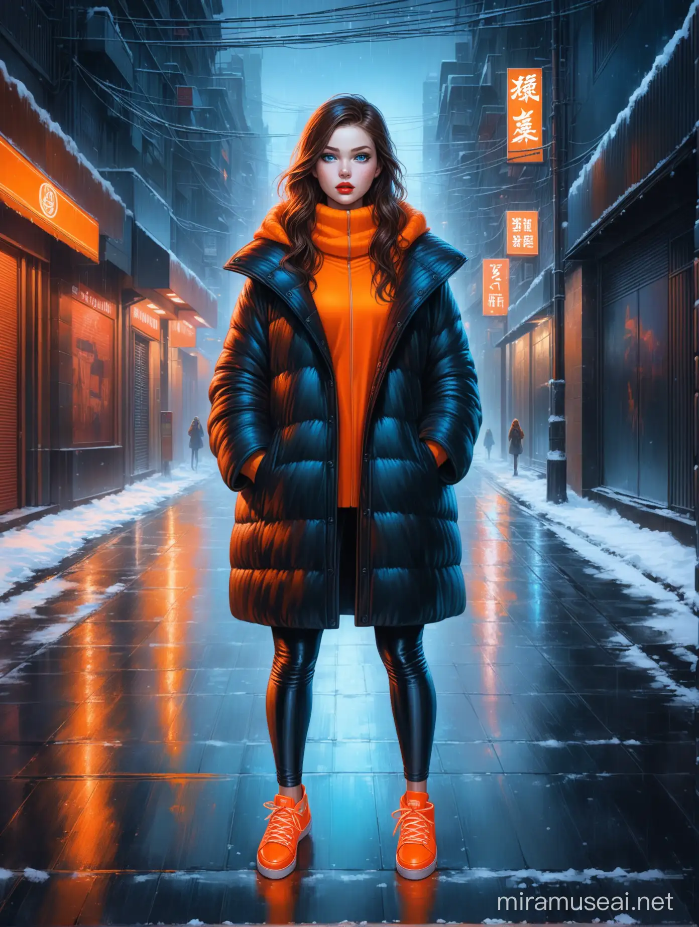 Neon Winter Fashion Portrait Beautiful Young Woman in Dramatic Expression