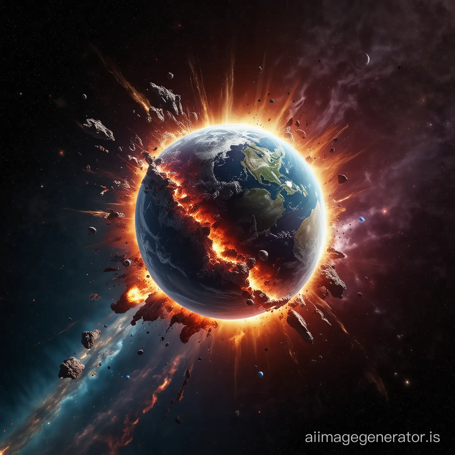 A detailed photorealistic 3D render of planet Earth colliding with the Moon, surrounding them is a white ring taking center stage as the focal point with a vivid a red streak and a fusion between them, a red and yellow fire and dark smoke coming out of the explosion, illustrating the intensity of the impact. The Moon is positioned on the left, half the size of Earth, which is on the right. The collision has shattered a quarter of the Moon, giving the impression that it’s being assimilated by Earth. The two planets are set against a beautiful star-filled sky, with vibrant shades of blue and hints of pink and purple, encapsulating the scene in a celestial embrace. The planet Earth is enveloped in its blue atmosphere. The scene evokes a sense of wonder and awe, as if we are witnessing a celestial event of cosmic proportions. The colors in the image are rich and deep, while a shinning star in the left of the background adds a touch of brilliance to the space scene splendor.