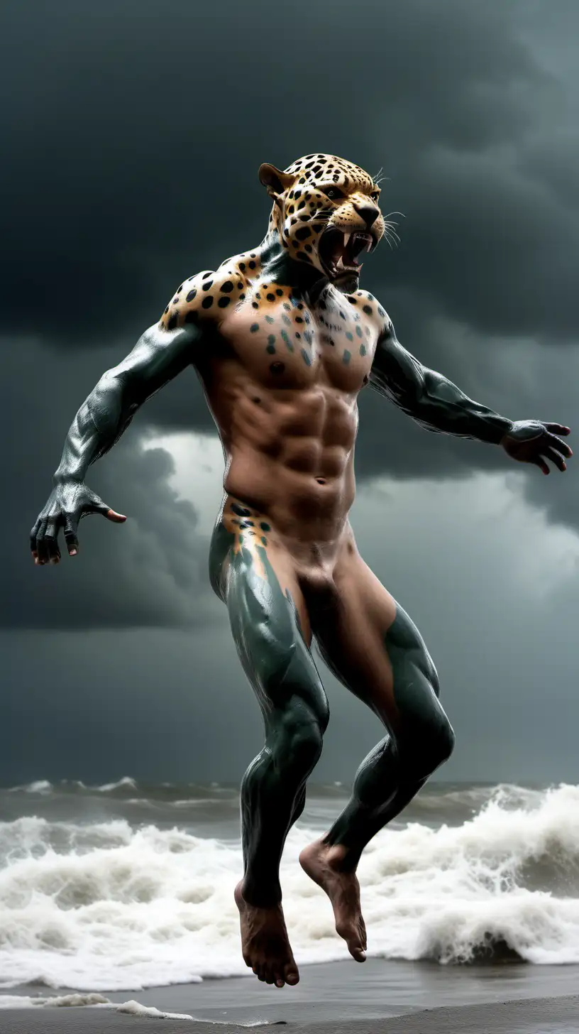 Dynamic Full Body Image Naked Jaguar Man Emerging from Raging Sea under Stormy Gray Sky