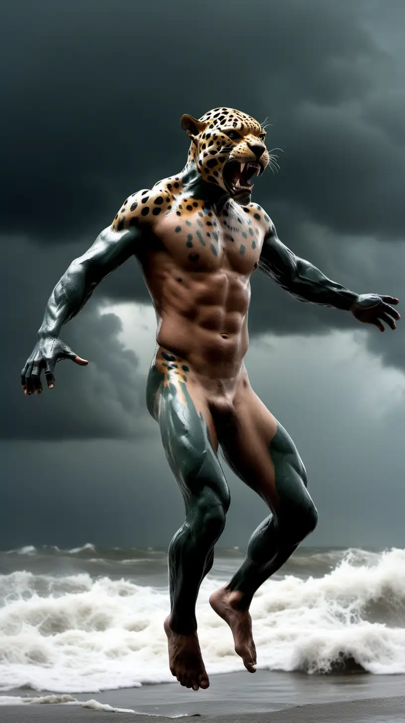 HOMBRE JAGUAR DESNUDO CUERPO COMPLETO TIRANDOSE, FUERA DE MAR ENBRAVESIDO CON CIELO GRIS DE TORMENTA