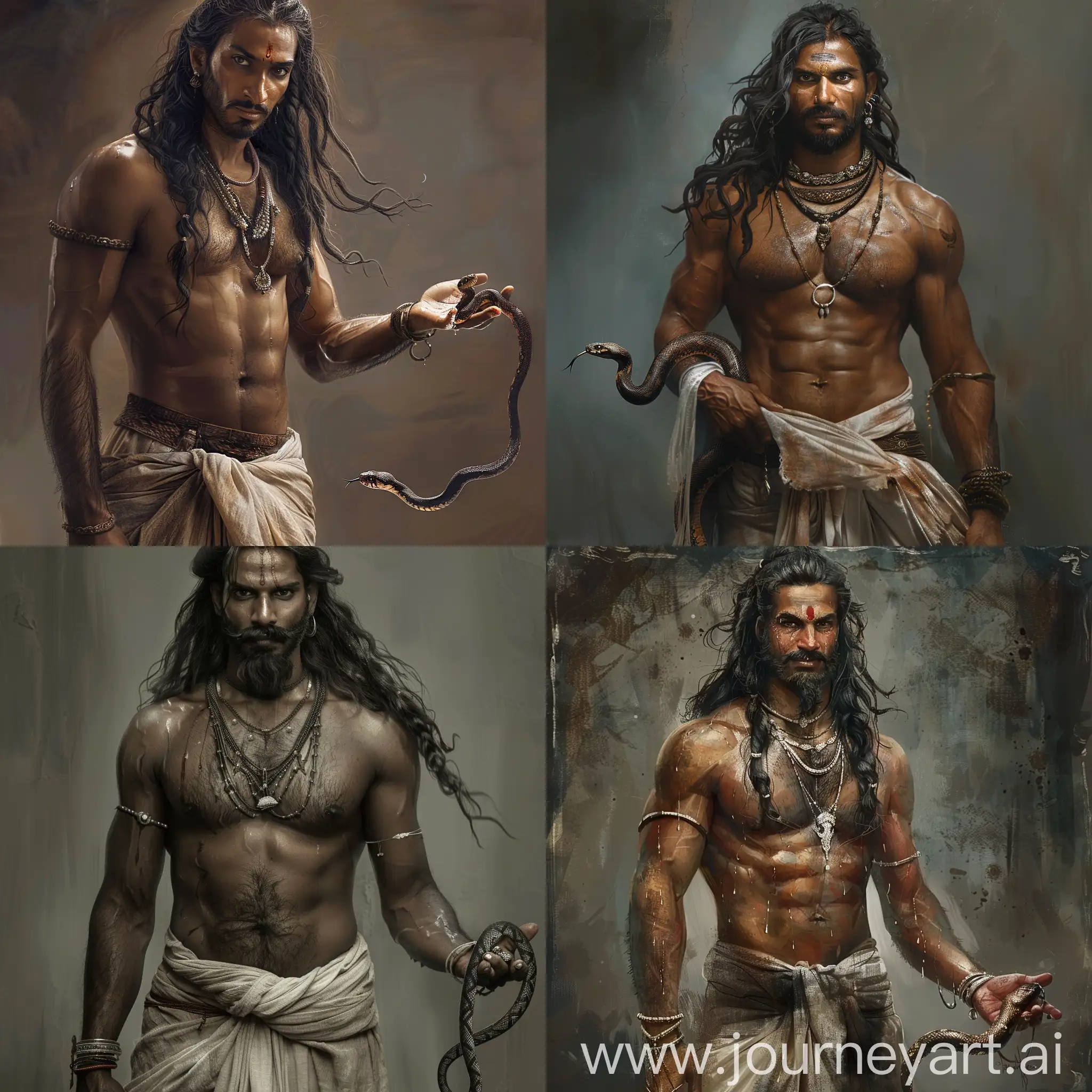 Ancient South Indian man from kasaragod, he very masculine, dark skinned, he have very long hair and beared, mustache, he is a 30 year old hansome man, he has only worn a small piece of cloth around his waist, he wore silver jewellery,he is swet and wet, there is a snake in his hand