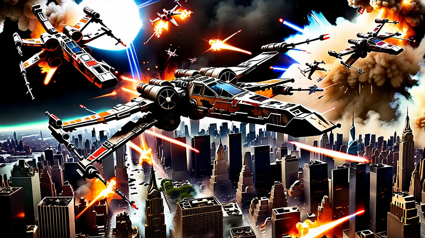 x-wing flying over new york city, city on fire, destroyed buildings, lasers 