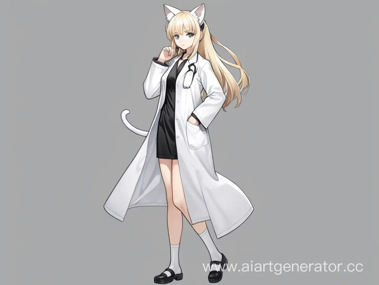 full body perspective, standard pose of anime woman wearing a black dress and white labcoat. Catgirl with blonde-white hair, cat ears. 