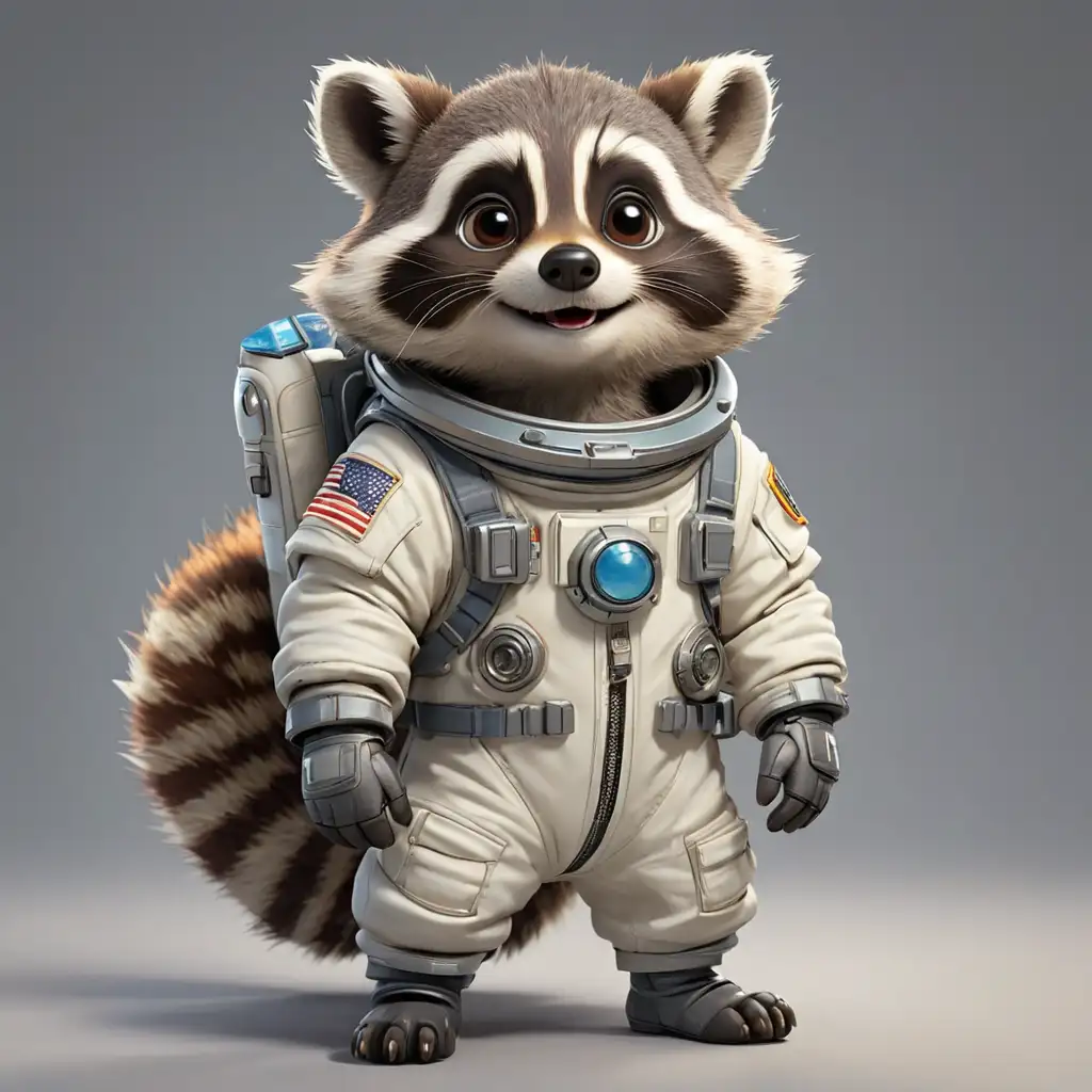 A cute happy raccon in cartoon style, full body, Astronaut clothes, with clear background