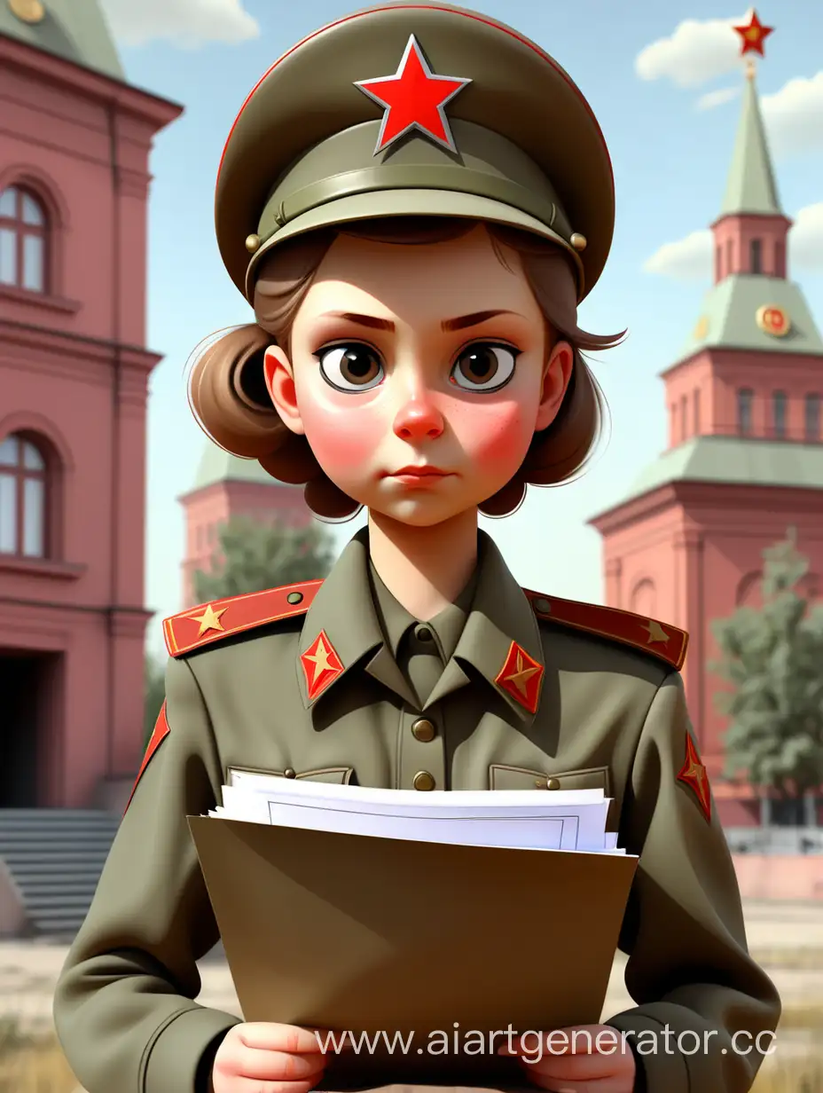 Девушка в советской военной форме без символов
 с папкой документов в руках