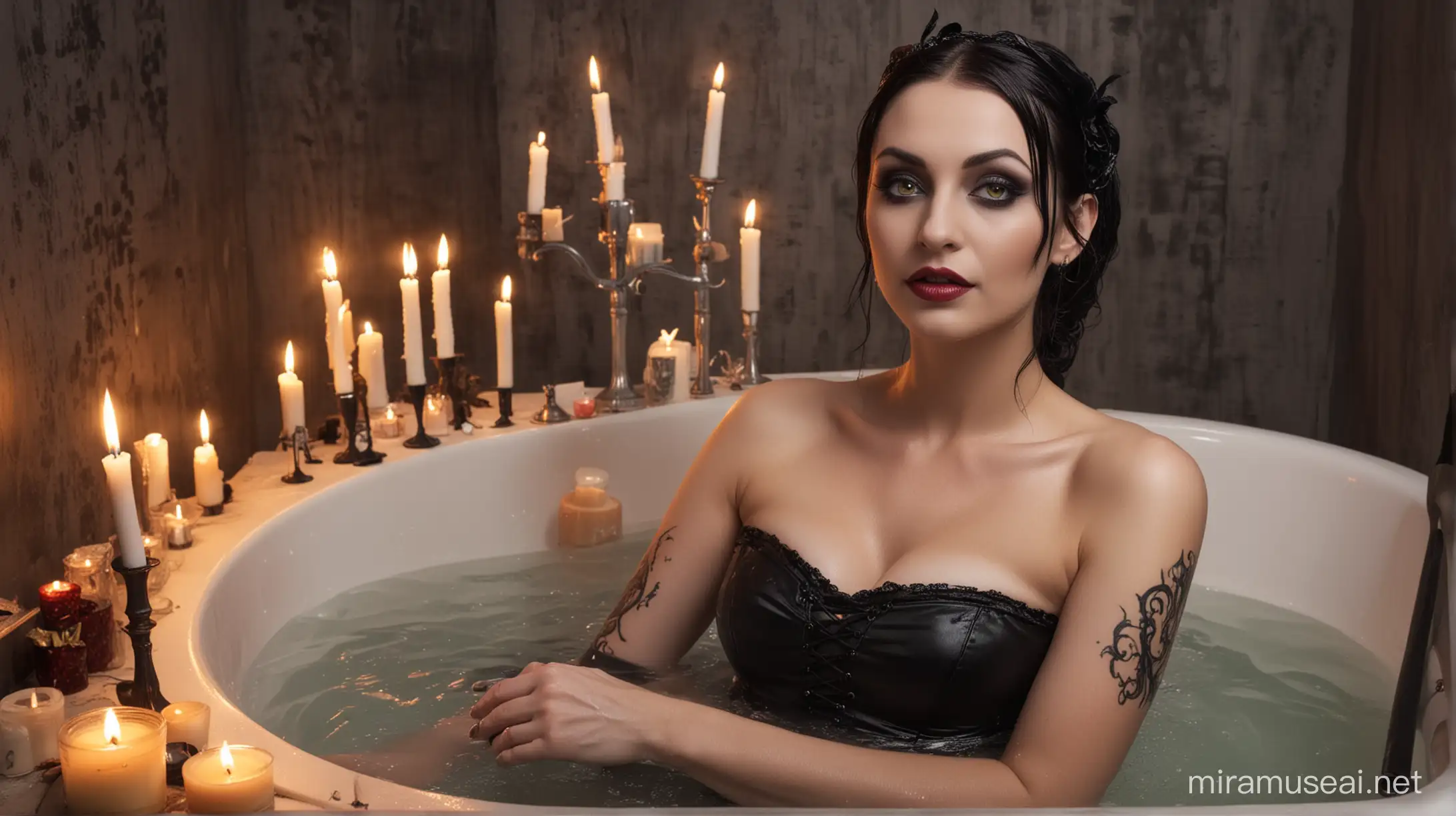 Elegant Gothic Woman Bathing Surrounded by Flickering Candles