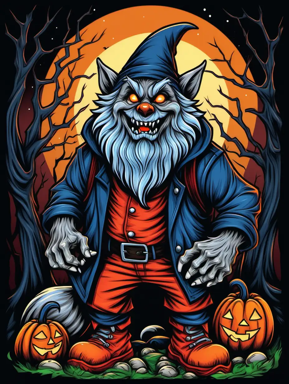 Vibrant Halloween Werewolf Gnome Illustration with Bold Lines