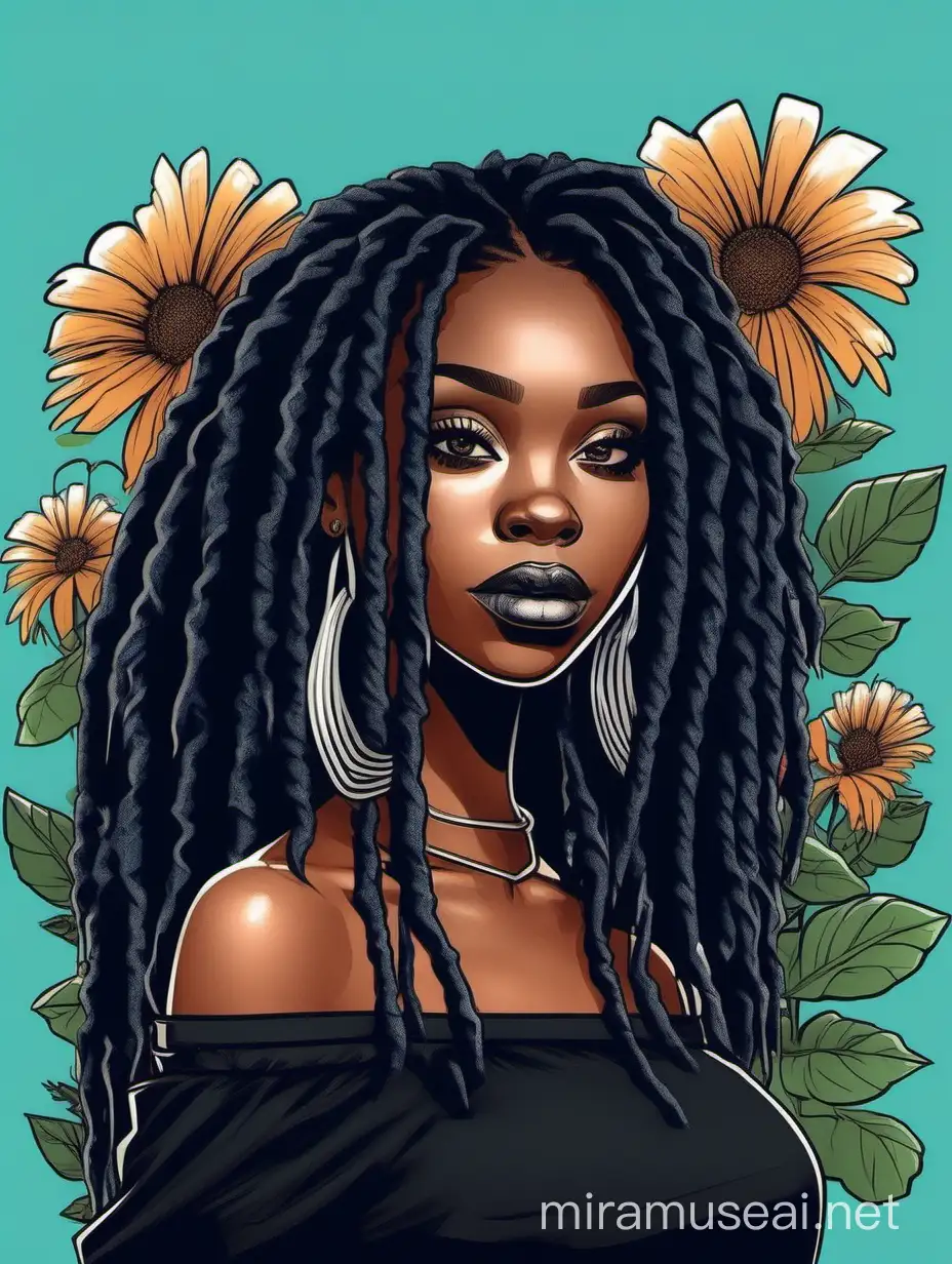 create a magna cartoon style image with exaggerated features, 2k. with a black woman wearing a black off the shoulder blouse, ombre dread locs, background of black and blue large flowers