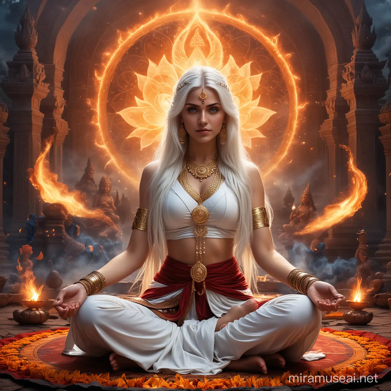 Mystical Hindu Empress in Lotus Position Amidst Fiery Circles