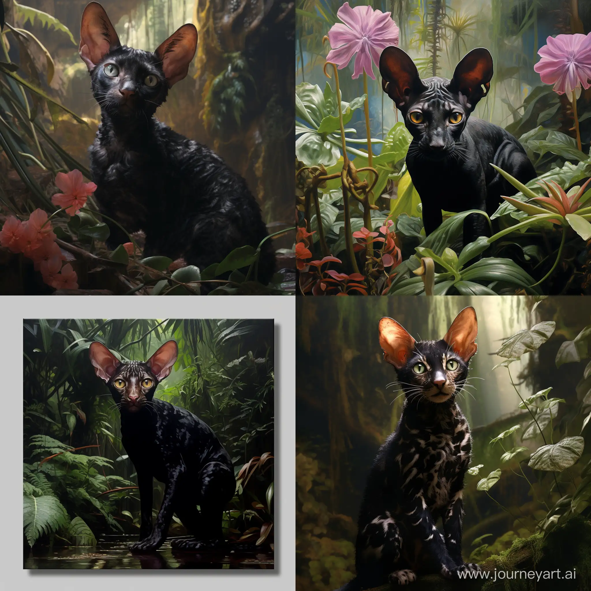Чёрная кошка породы Корниш Рекс в джунглях