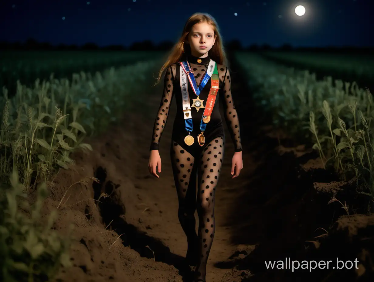 A 13-year-old girl in a full-length military bodystocking adorned with medals walks through a field on a starry night with a bright moon, in a batal genre.