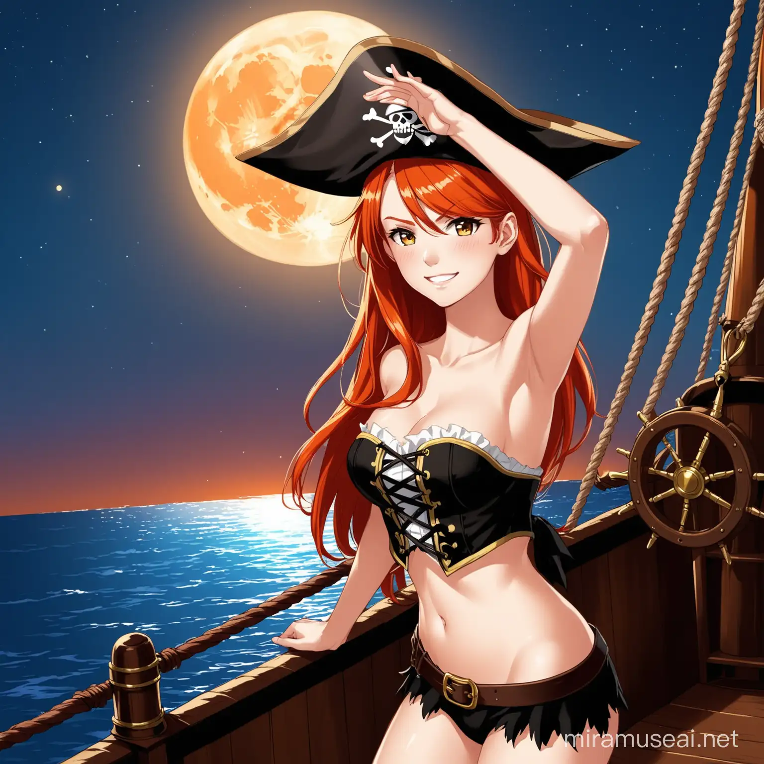 GingerHaired Pirate Woman on Ship with Red Full Moon Background