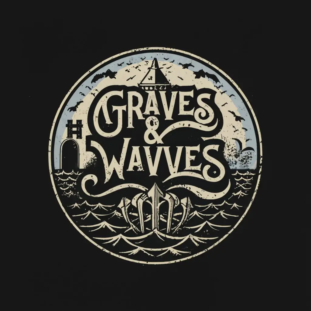 a logo design,with the text "Graves & Waves", main symbol:beach, gothic, macabre, graveyard, darkness, black,Minimalistic,clear background