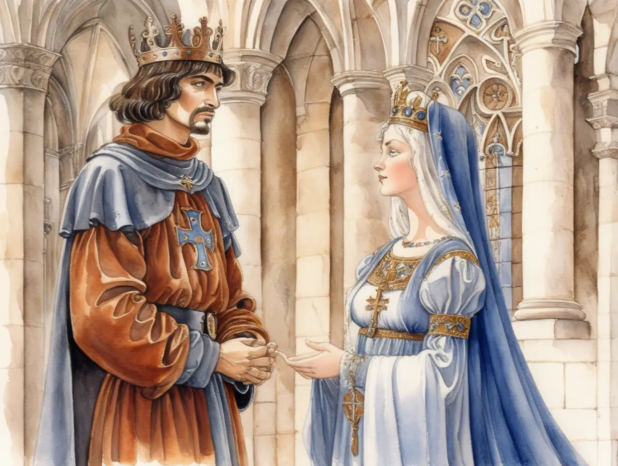 Medieval Royalty Portrait Queen Isabel and King Fernando in Milo Manaras Watercolor Masterpiece