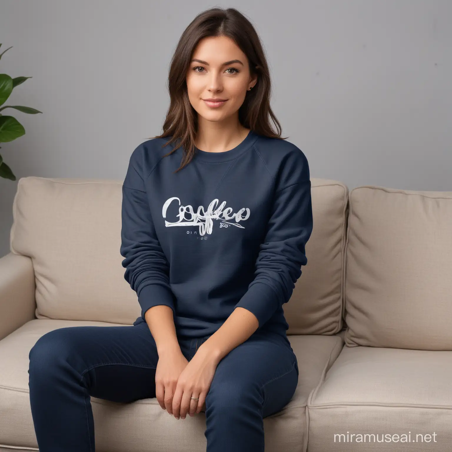 Ladies Relaxing in Navy Sweatshirt Mockup with Coffee on Couch
