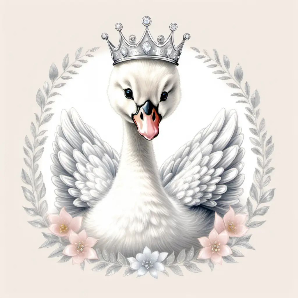 colour pencil illustration of a cute baby swan wearing a silver tiara, dior party stationery illustrations style
