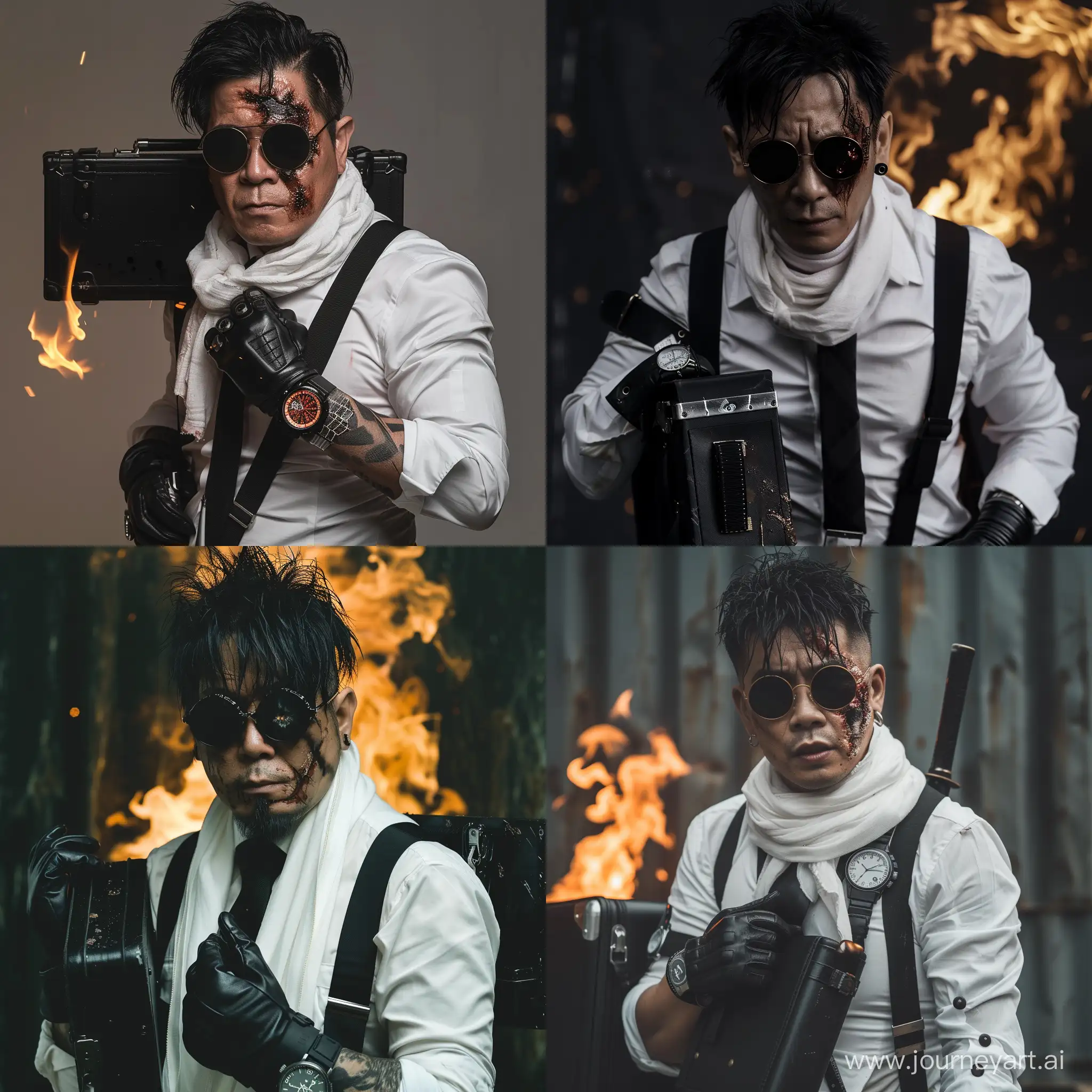 Asian-Yakuza-Man-with-Scarf-and-Black-Case-in-Fiery-Destruction