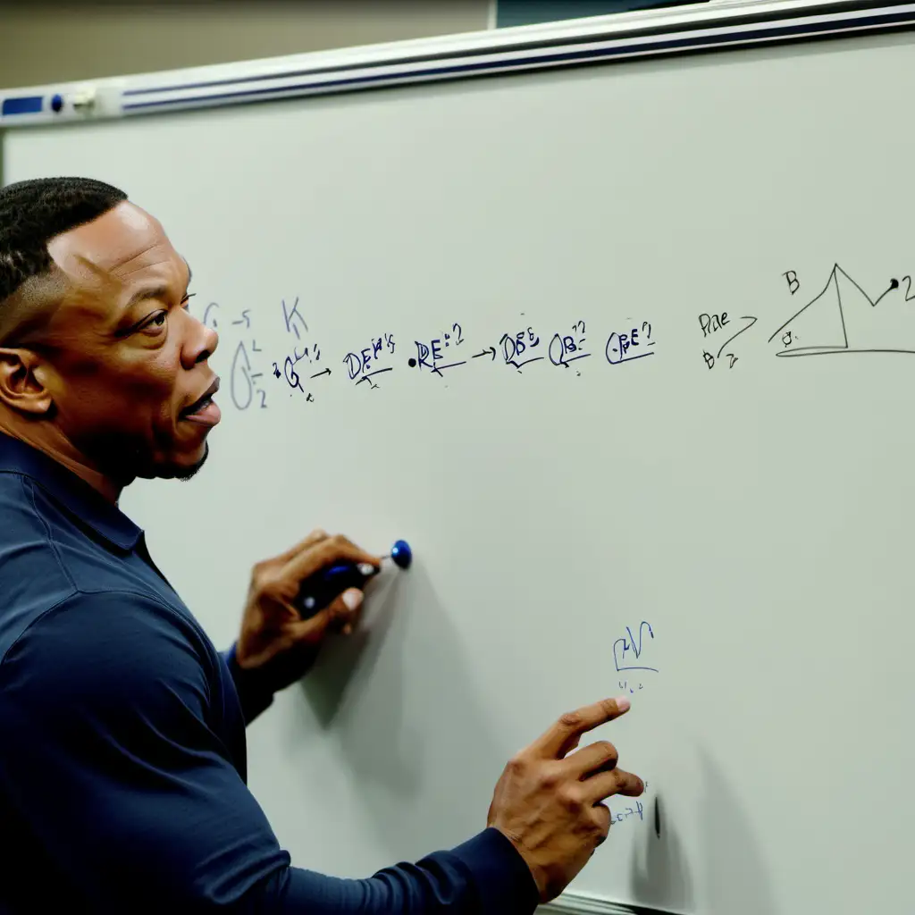 Dr. Dre solving a physics problem on a whiteboard