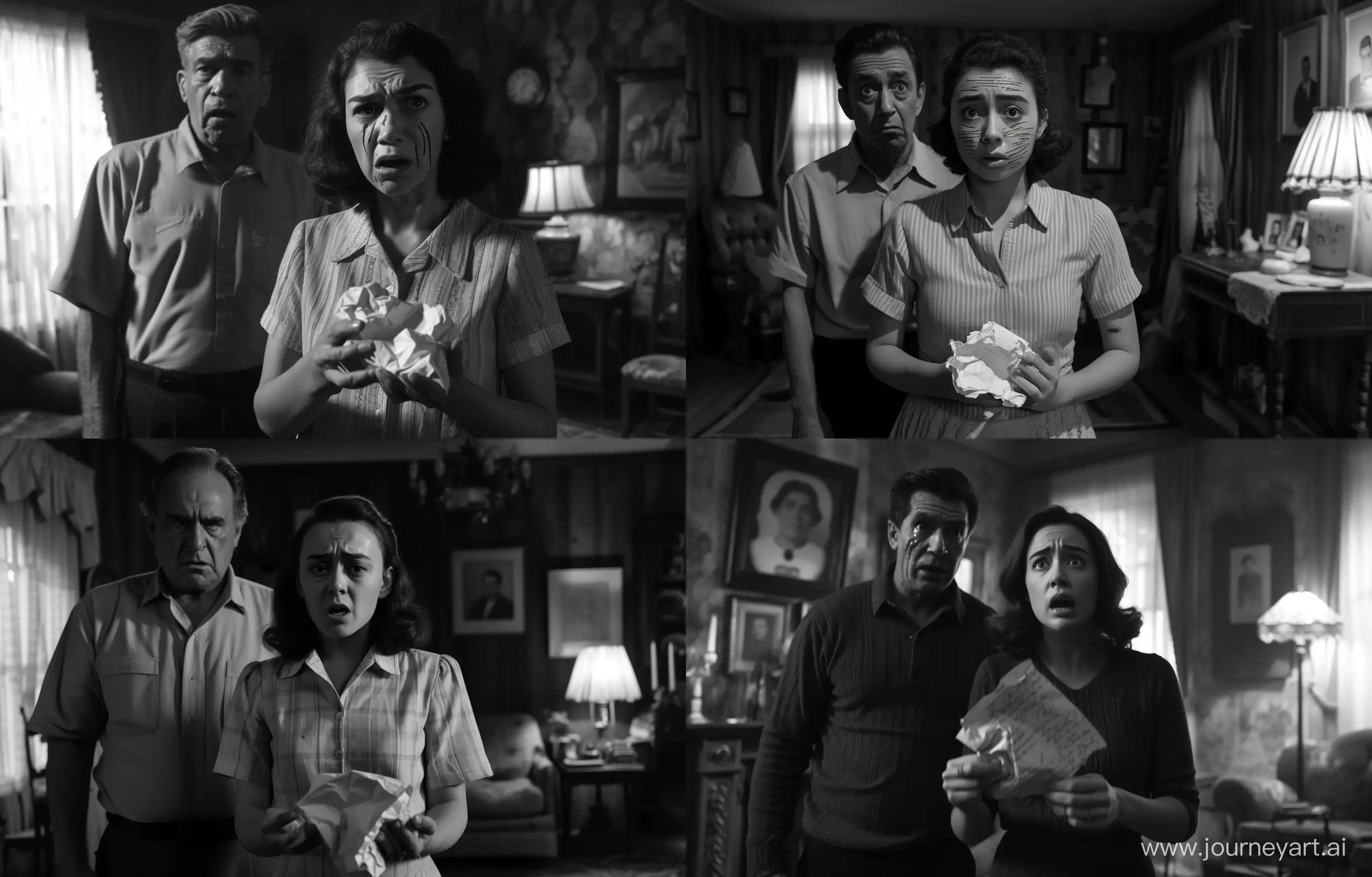 A dramatic moment captured in black and white. The scene is set in a dimly lit living room, with a vintage decor. Tamara de Castro, a 25-year-old girl, is standing in the center of the frame, her face showing a mix of shock and despair. She holds a crumpled piece of paper in her trembling hands, which she found inside the family album. The lines on her face tell a story of betrayal and heartbreak. Beside her stands the owner of the bar, his face filled with guilt and regret. Tears well up in his eyes as he realizes the impact of his silence. The room is filled with a heavy silence, broken only by the sound of Tamara's soft sobs. The composition is raw and unfiltered, capturing the raw emotions and raw truth of the moment. The use of black and white adds to the intensity and timeless quality of the scene. The lighting is low, casting deep shadows that enhance the mood of the scene. The ratio of the image is 14:9, allowing for a wide frame that captures the details of the room and the emotions on the characters' faces. --v 6 --ar 14:9 --style raw