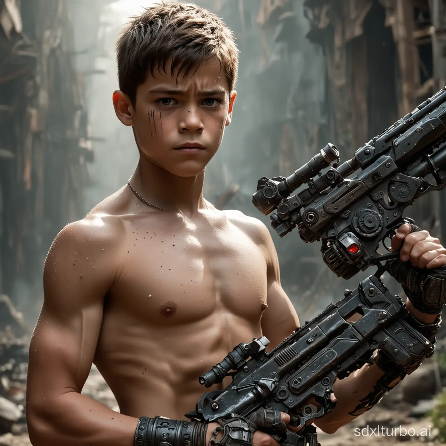 a picture of a muscular shirtless 12 years old bodybuilding huge chest, big muscular arms boy with a gun, preteen, from the tusk movie, still from the movie terminator, movie still of aztec cyborg, in foreground boy with shotgun, still from the movie predator, film still from god of war, movie still of cyborg, unicorn from the tusk movie, movie still of a cyborg, movie still of a cool cyborg, big biceps, big chest, about 12 years old, bodybuilding boy, 12 years old kid, shirtless, apocalyptic world, world war 12, destroyed planet earth, destroyed dark world