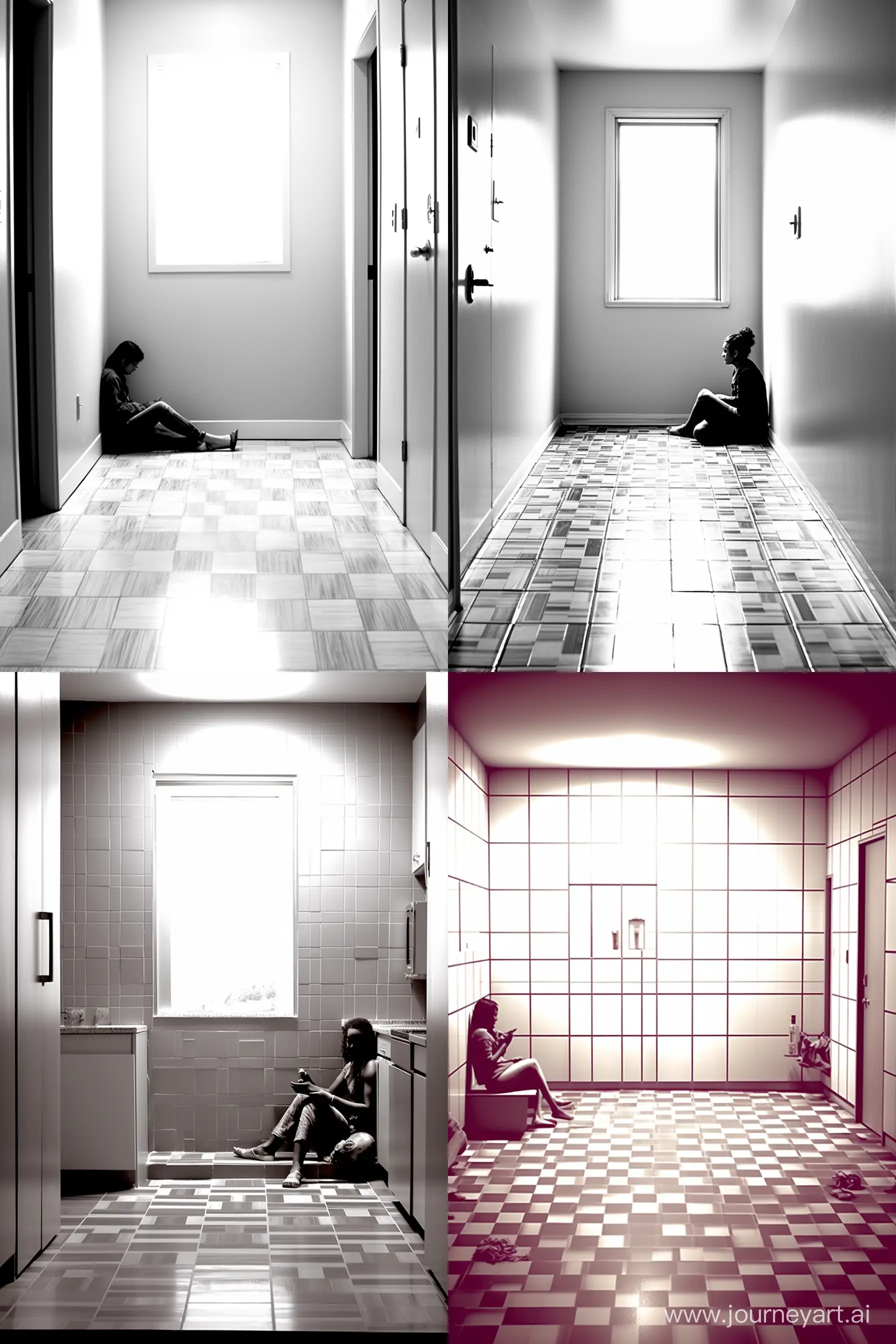 black-and-white photograph depicting a scene with an adult female sitting on the floor of a bathroom. She is unhinged and psychotic. Shes wearing a long sleeve sweater top and sleep shorts. The natural light from a window above the toilet creates soft shadows, emphasizing the textures of the bathroom tiles, floor patterns, and fixtures. The viewer's perspective is from the doorway, looking down at the disturbing scene. The monochromatic photograph uses tonal contrasts, focusing on the young woman's deranged activity in a mundane environment. --ar 2:3