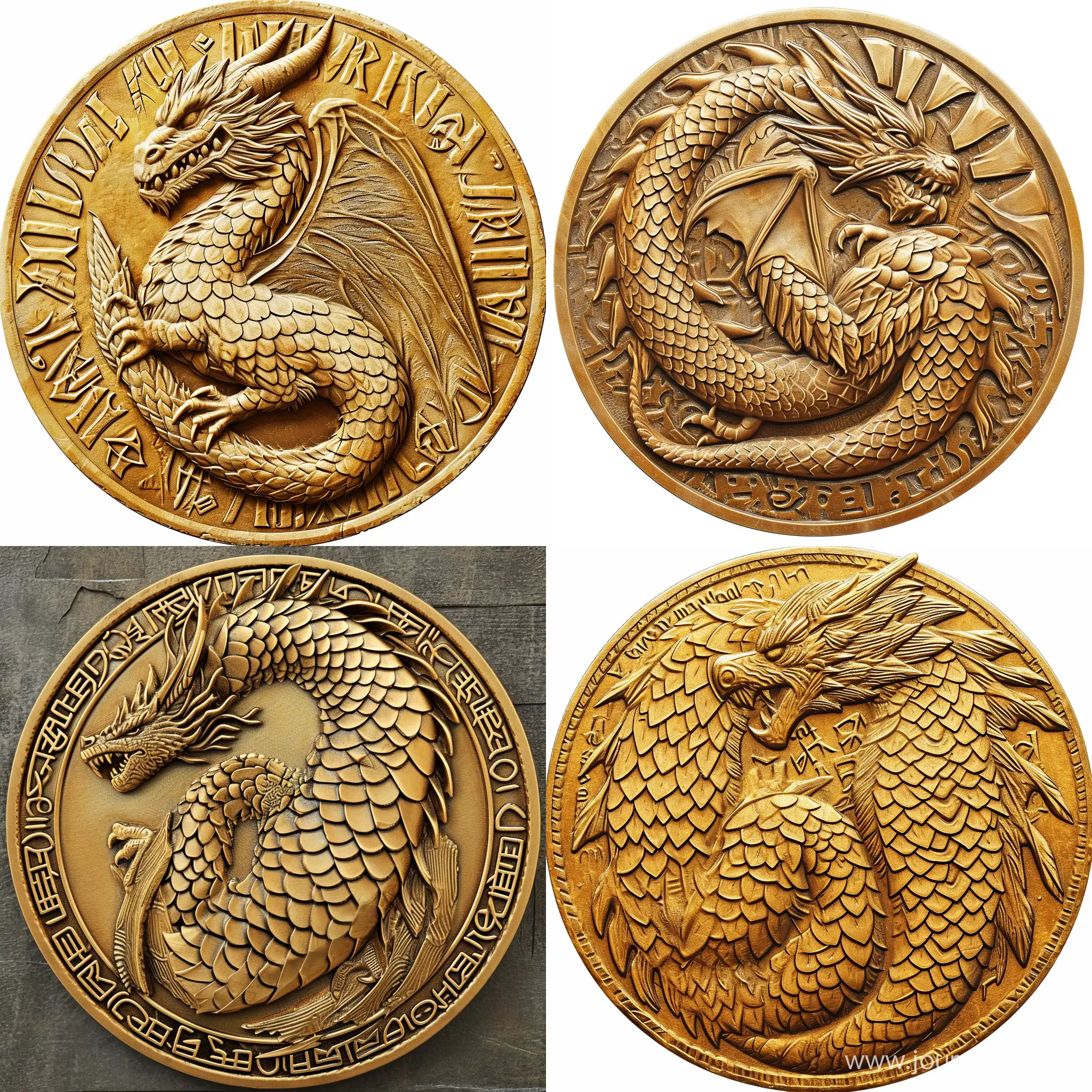 Golden coin engraving of a huge dragon with scales and blades on its back,Runic letters,intricate carving,extremely detailed,ultra detail,natural light,terrifying.