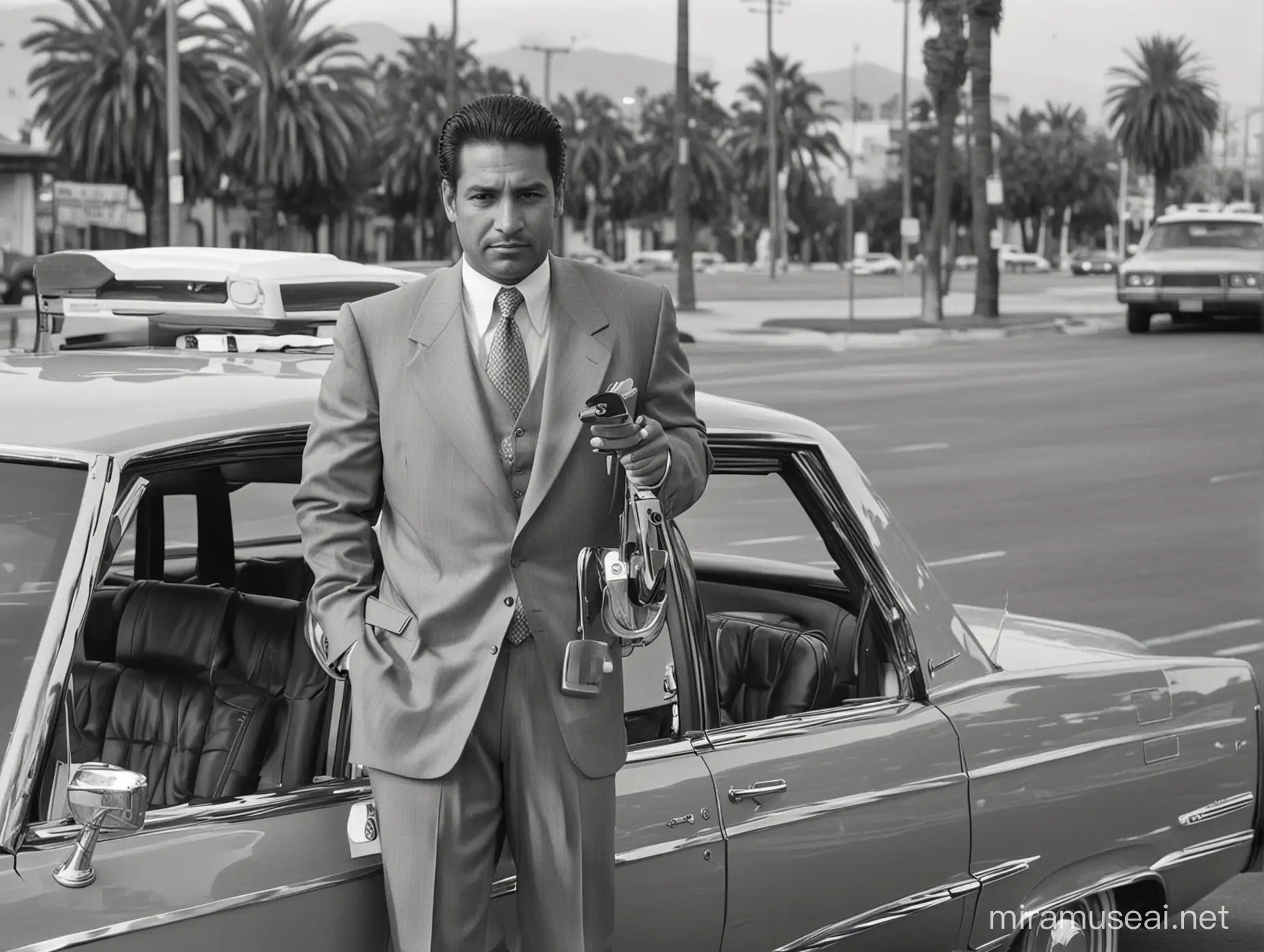 hispanic gangster man in suit selling golf clubs from the back of a 1980s cadillac sedan car in los angeles
