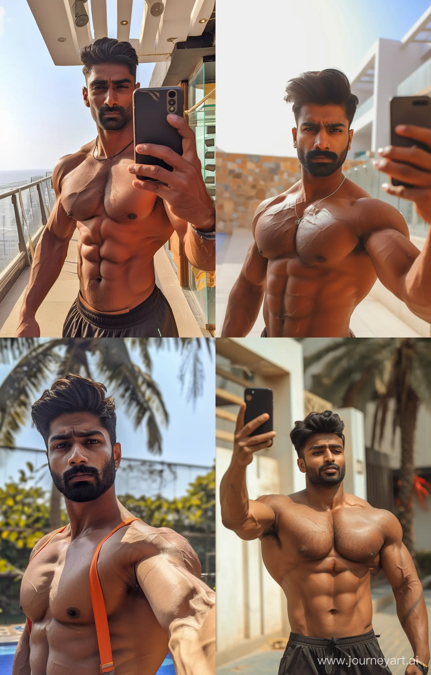 Sunkissed-Indian-Man-with-Chiseled-Abs-Capturing-a-Selfie-Moment