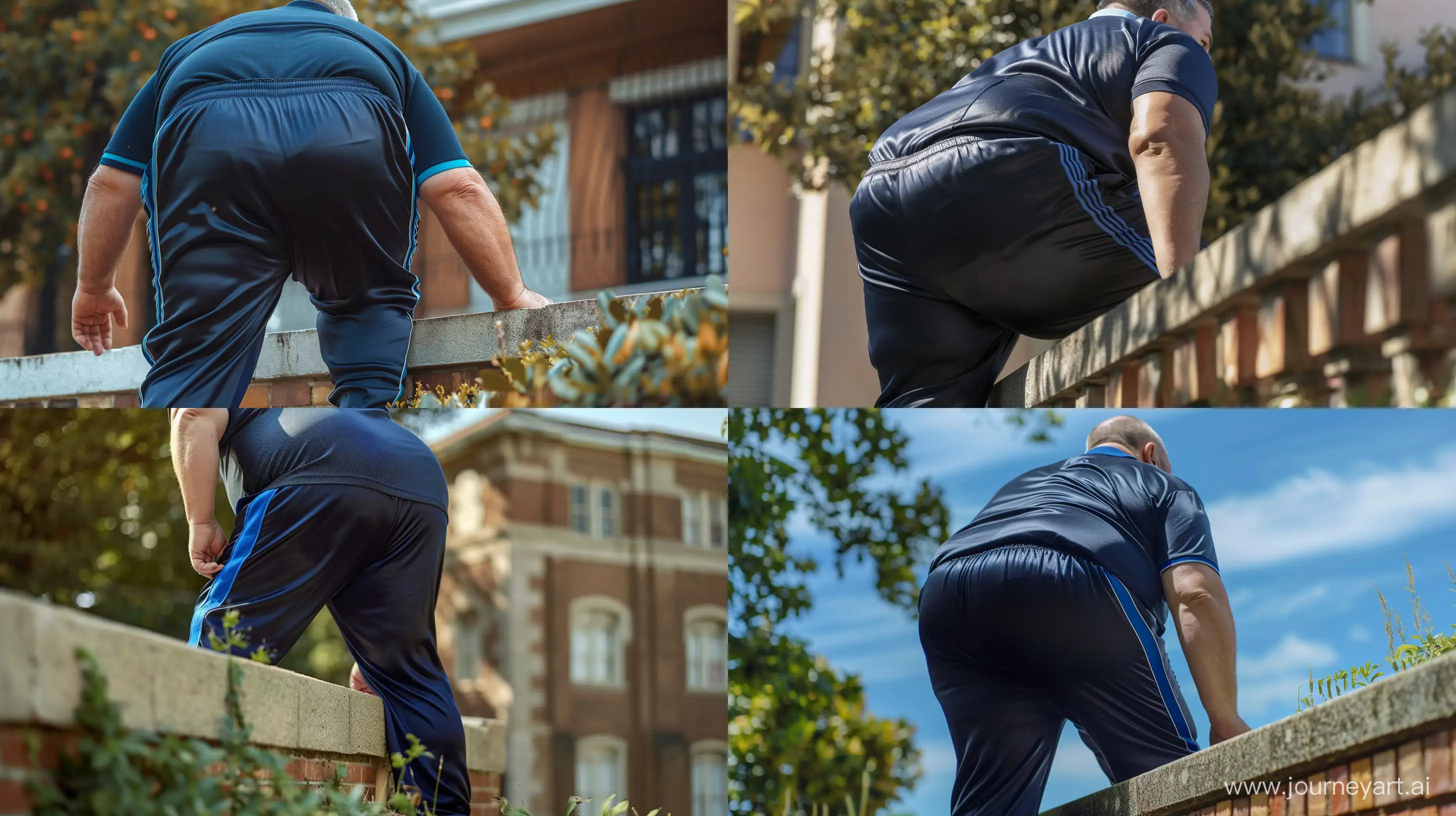 Back view close-up photo of a fat man aged 60 wearing silk navy tracksuit pants with royal blue stripe on the leg and a tucked sport polo shirt. Leaning forward on a wall outside. --style raw --ar 16:9