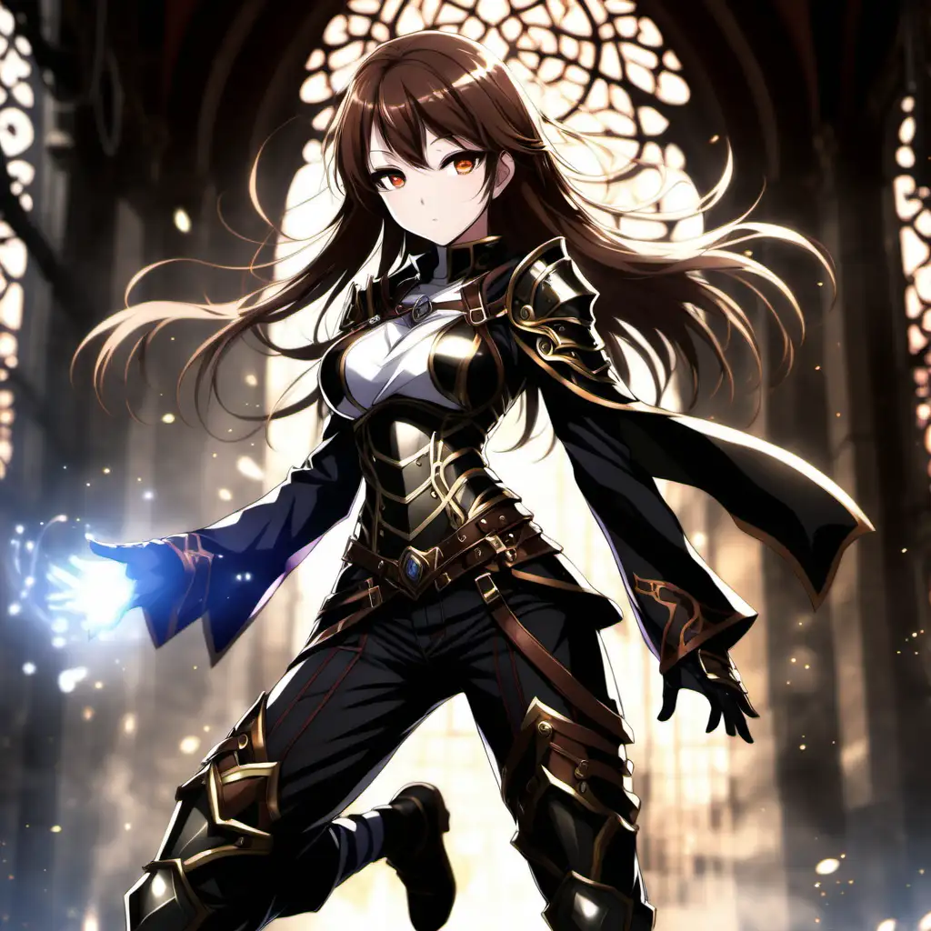 Enchanting BrownHaired Anime Girl in Dynamic Black Armor Casting Magical Aura