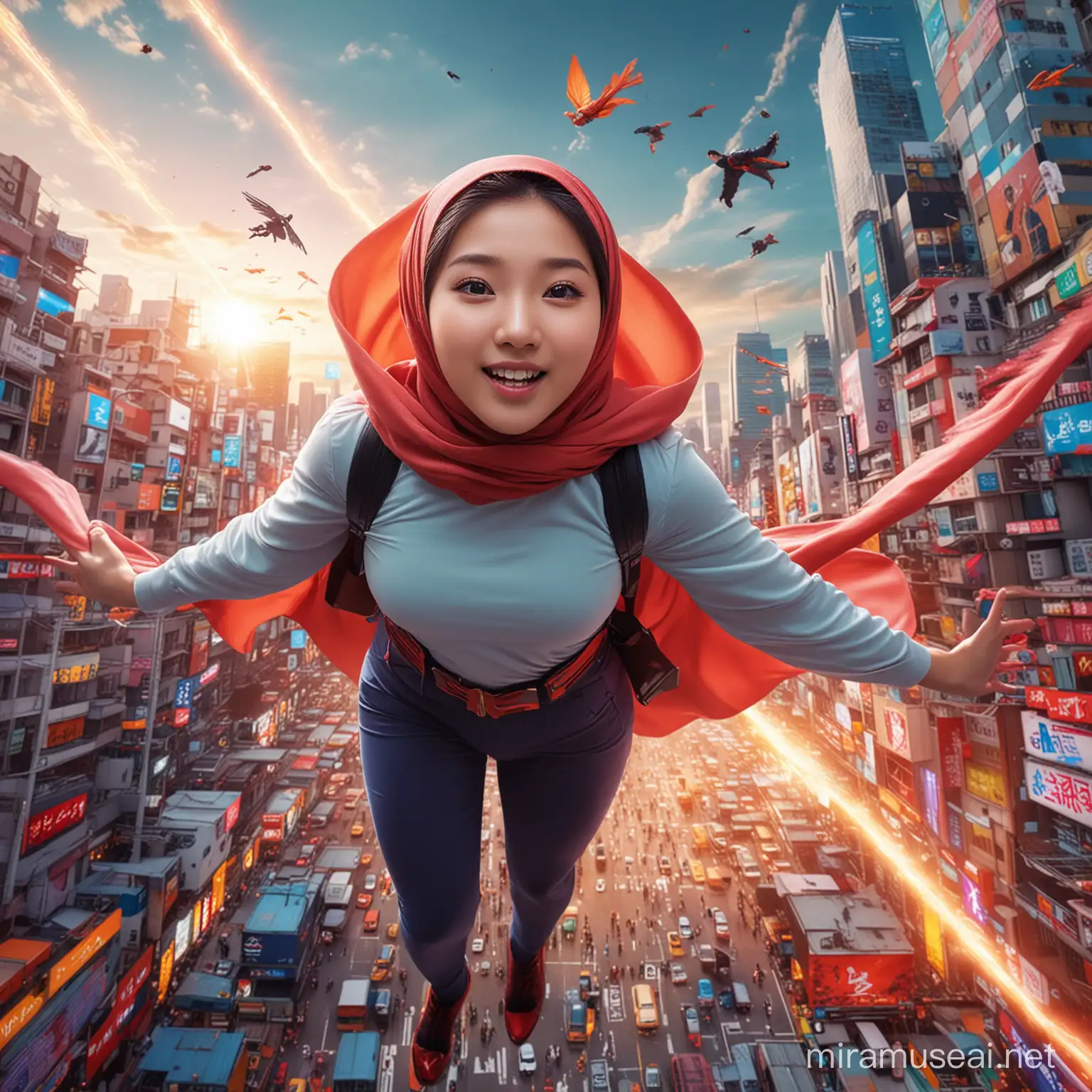 a girl japanese young 17 year old,beautifull baby face, white skin and glow, Create a dynamic and action-packed photomanipulation reminiscent of Marvel superhero movies. Feature the japanese girl in hijab showcasing her unique superpowers in a cityscape, smile face very happy, fly in the sky, flaying sper girl, surrounded by vivid colors and high-energy effects