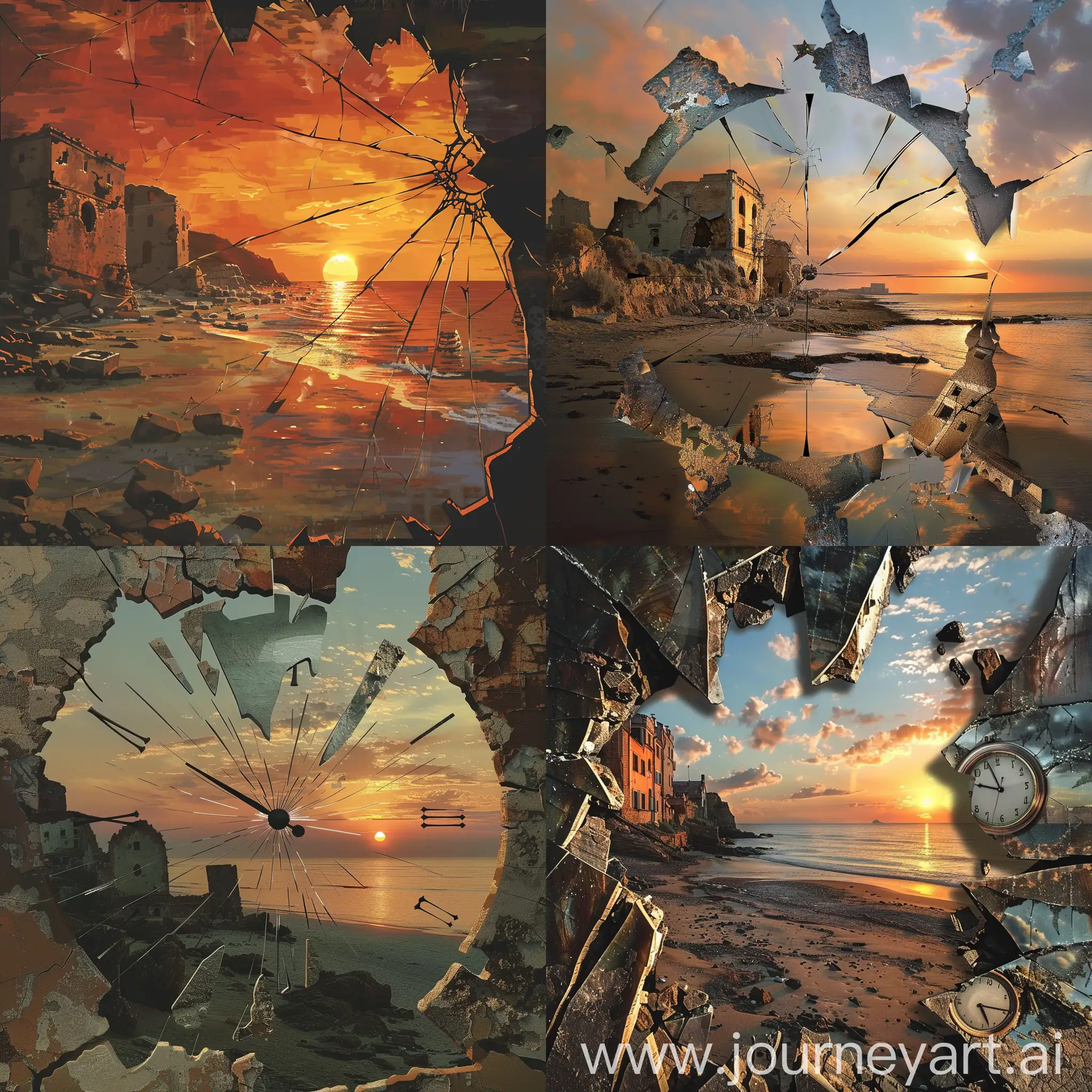  In the style of a broken watch, against the background of sunset, a beach with crumbling buildings.