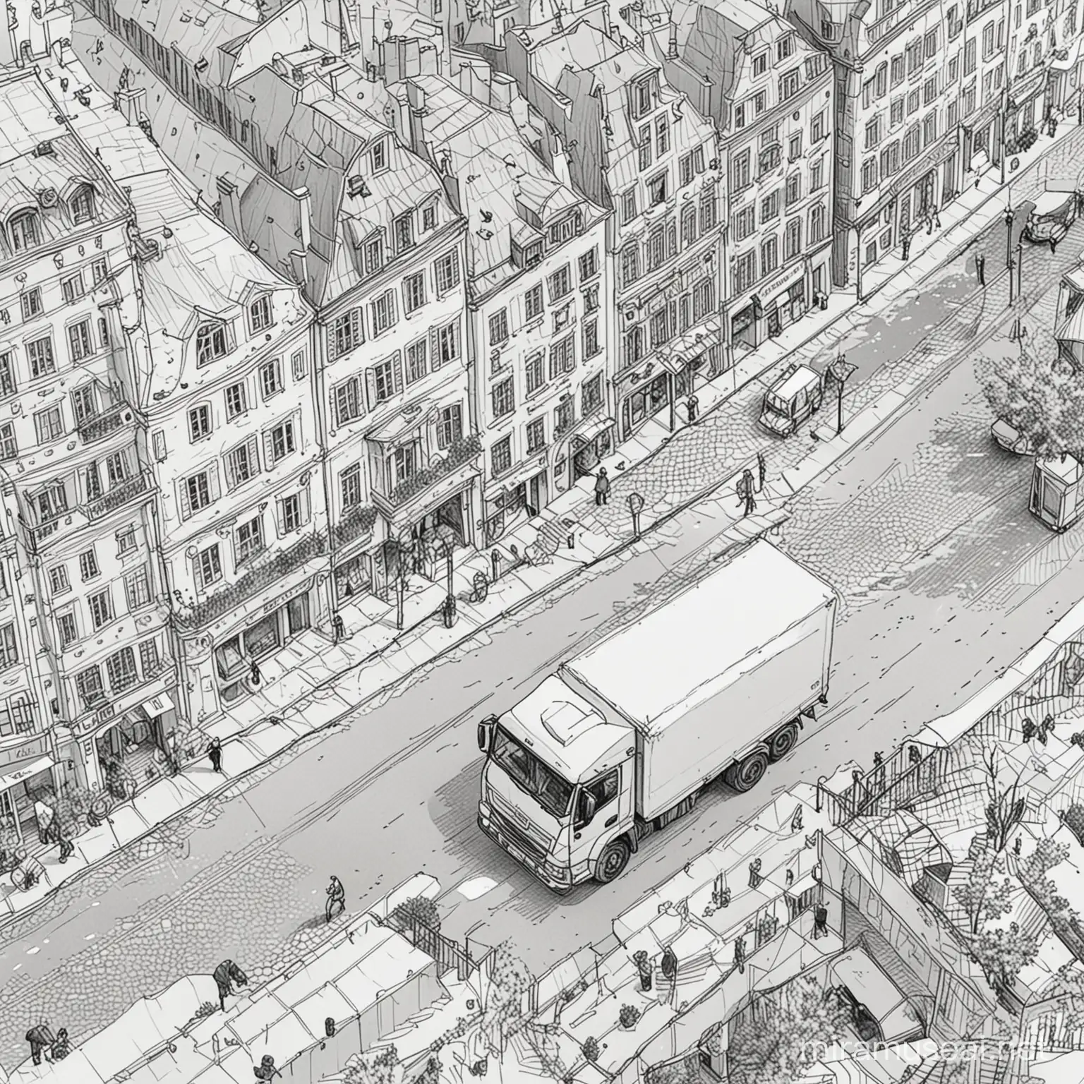 black and white simple line illustration drawing of medium size delivery truck driving through european city, seen from above