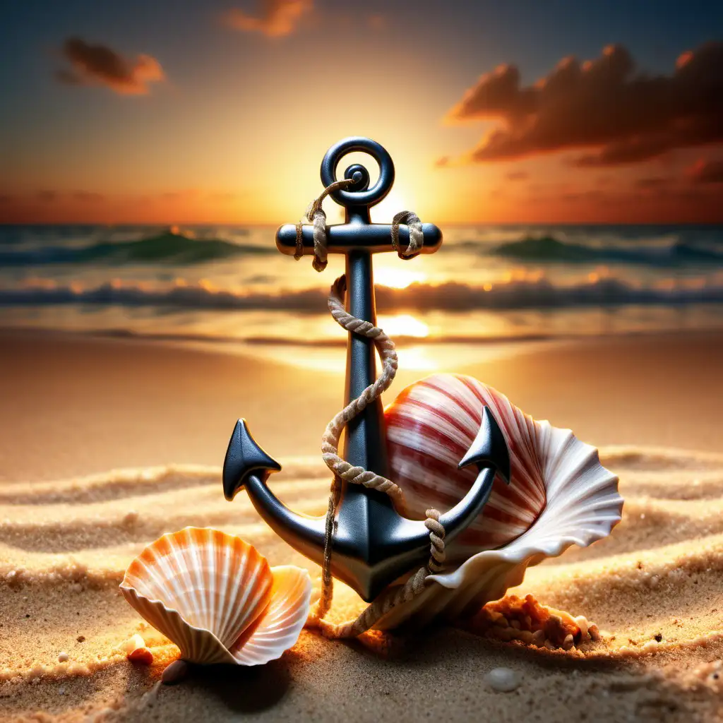 Erstelle ein Bild mit einem Sonnenuntergang am Strand mit Muschel und Anker. Das Bild sollte Hoffnung und Entschlossenheit vermitteln und eine beruhigende Wirkung haben
