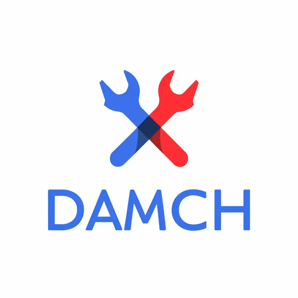 a logo design,with the text "Damach", main symbol:Wrench and blue-red color,Moderate,clear background